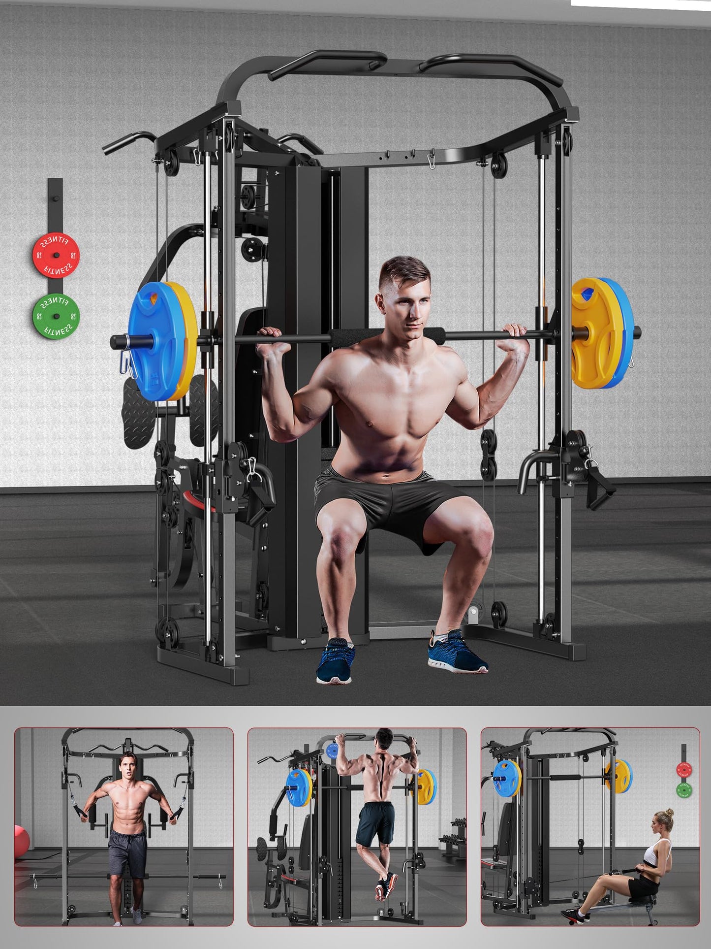 SunHome Multifunction Home Gym Equipment Workout Station, Smith Machine with 138LB Weight Stack, Leg Press, LAT Station for Full Body Training