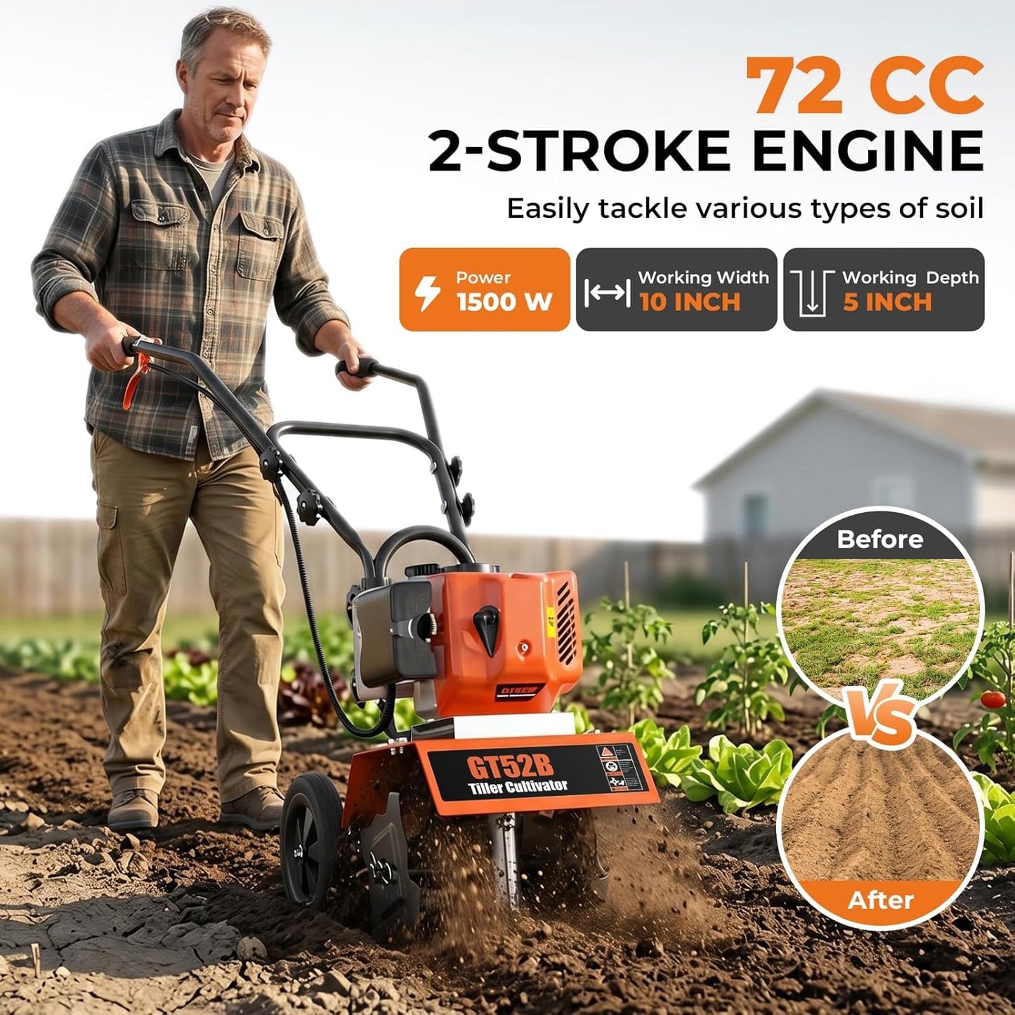 72CC 2-Stroke Gas Tiller Cultivator - 10" Working Width & 5" Depth, Heavy Duty Gasoline Powered Rototiller with 3-Gear Adjustable Handle, High-Speed Soil Cultivator for Lawn, Garden & Farm
