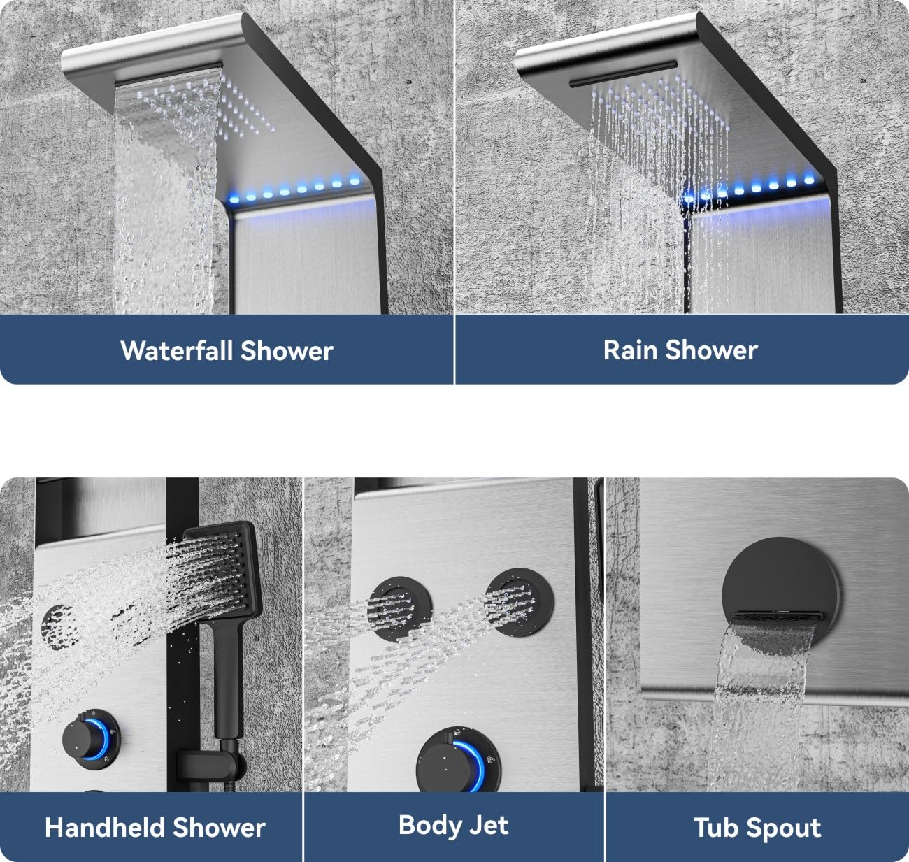 ELLO&ALLO LED Rainfall Shower Head and Rain Massage System with Body Jets Stainless Steel Bathroom Shower Panel Tower System with Shelf, Brushed Nickel&Black