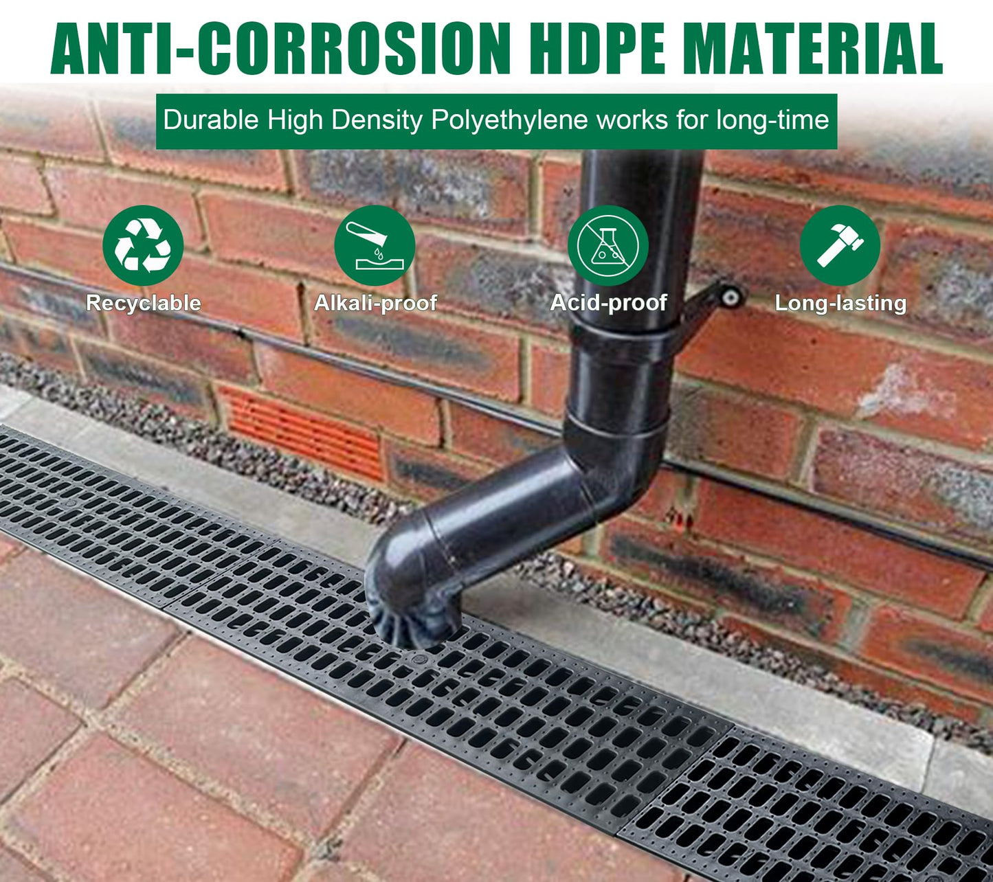 Natotela A15 Deep Profile Trench Drain System for Yard-39.4Lx6.3Wx7.8H in Channel Drain with Grates,4 Pack Total Length 157.5 in,Plastic Yard Drainage Systems for Outdoor Sidewalk Patio