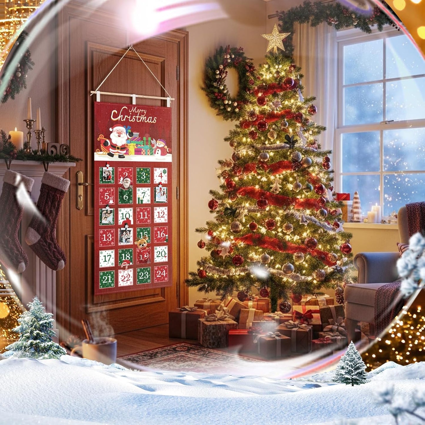 Weysat Christmas Fabric Advent Calendar - Reusable 24-Day Countdown Wall Hanging with Pockets & Clips | Santa Claus Design