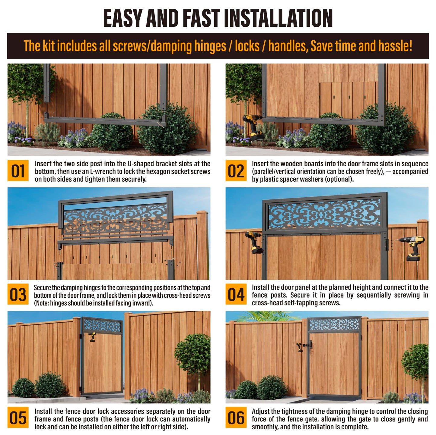 WOWACE 4x6FT Fence Gate Frame Kit 201 Stainless Steel Heavy Duty Garden Gates Anti-Sag Backyard Front Gate Reinforcement Hardware, Left/Right Mount (No Wood Planks Included)