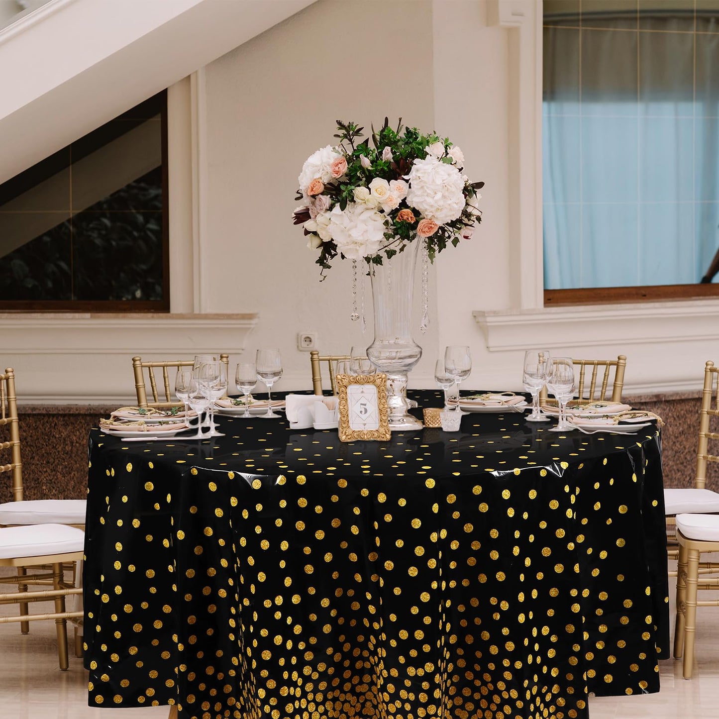 Newwiee 8 Pcs Round Dot Tablecloth 84 Inch Plastic Polka Dot Table Cover Disposable Confetti Tablecloths for Grad Wedding Bridal Shower Birthday Spring Graduate Party Decor (Black,Gold)