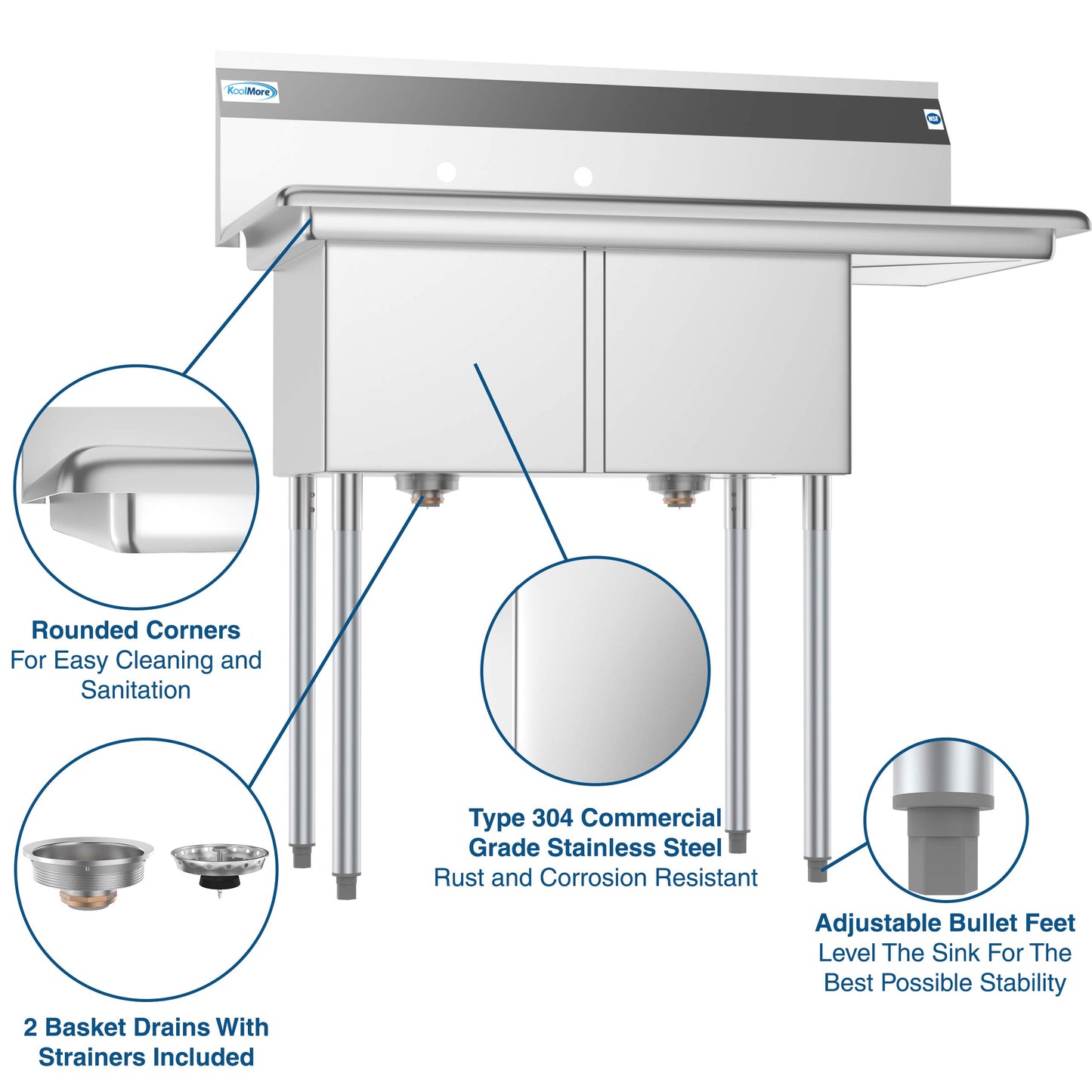 KoolMore 2 Compartment Stainless Steel NSF Commercial Kitchen Prep & Utility Sink with Drainboard - Bowl Size 14" x 16" x 11", Silver