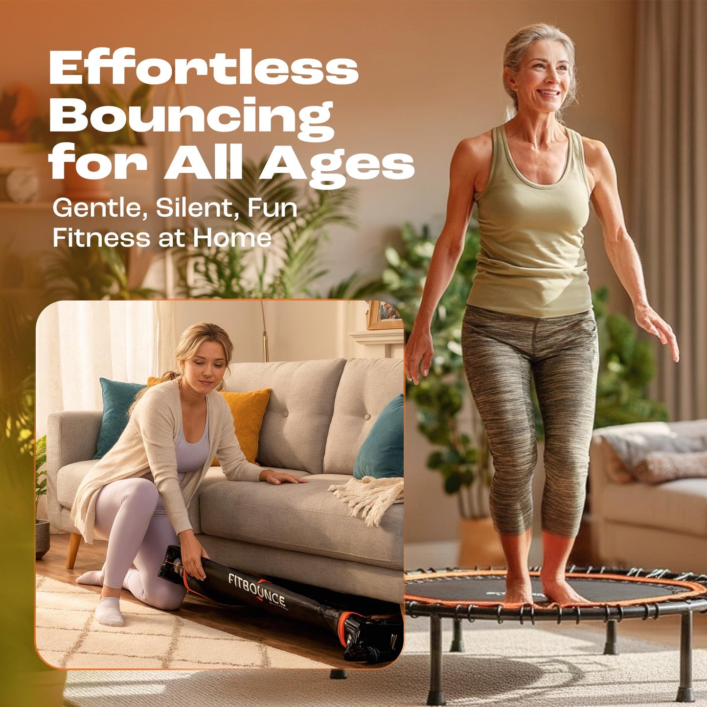 MXL FIT Bounce PRO XL Bungee Rebounder - Premium Indoor Mini Trampoline for Adults, Silent Low-Impact Bounce, Half-Folding with Foldable Steel Legs & Carry Bag - 48 in, 400lb