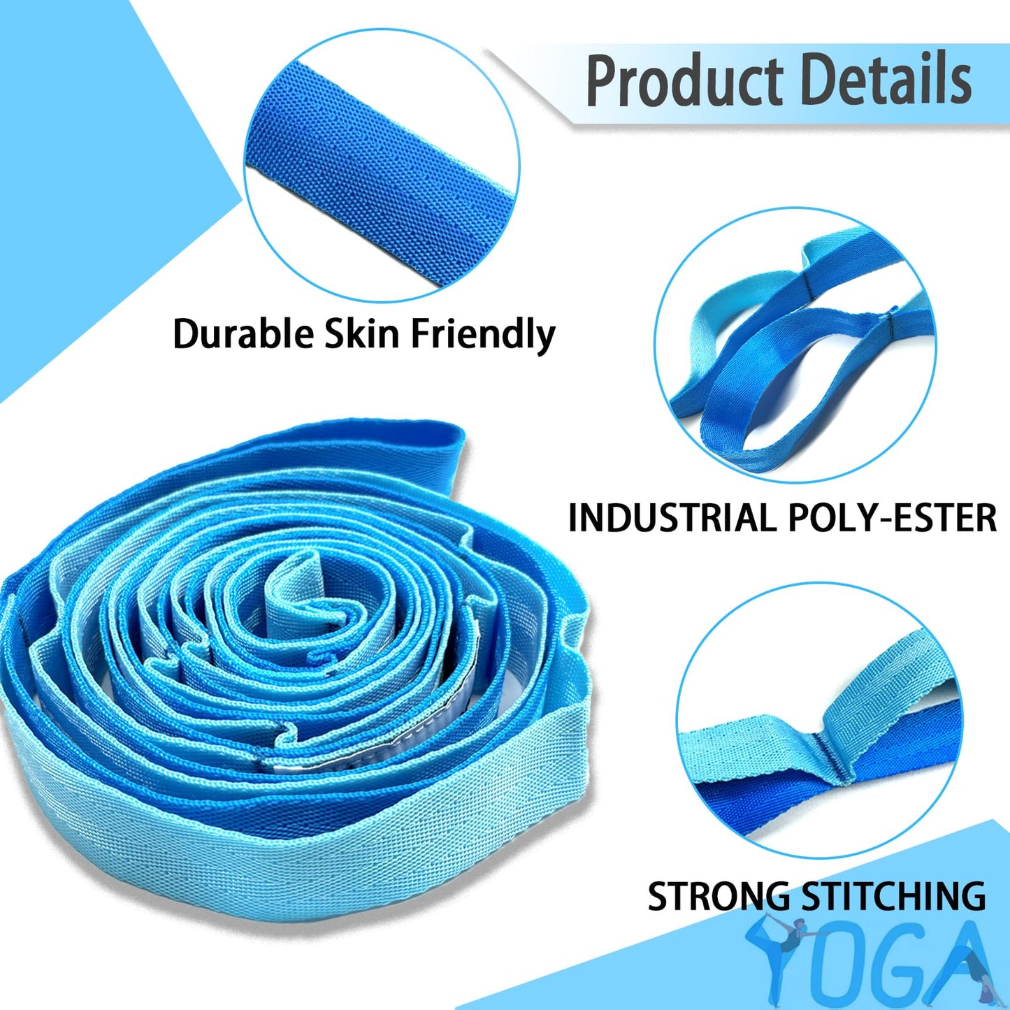 Stretching Strap Yoga Strap with Loops, Stretch Straps for Physical Therapy, Non-Elastic Exercise Strap for Pilates, Dance and Gymnastics with Workout Guide (Light Blue)