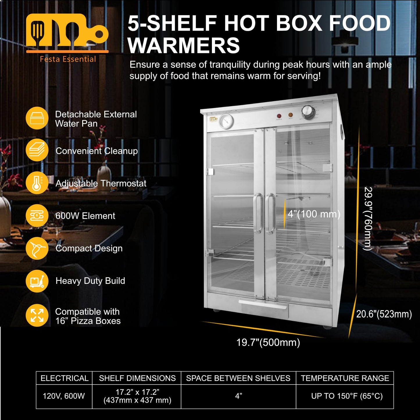 5-Shelf Electric Hot Box Food Warmer, Fits up to (10) 16" Pizza Boxes, Countertop Heated Holding Cabinet for Pretzels, Warming Machine for Home and Commercial Use, w/Water Drawer, 120V 600W