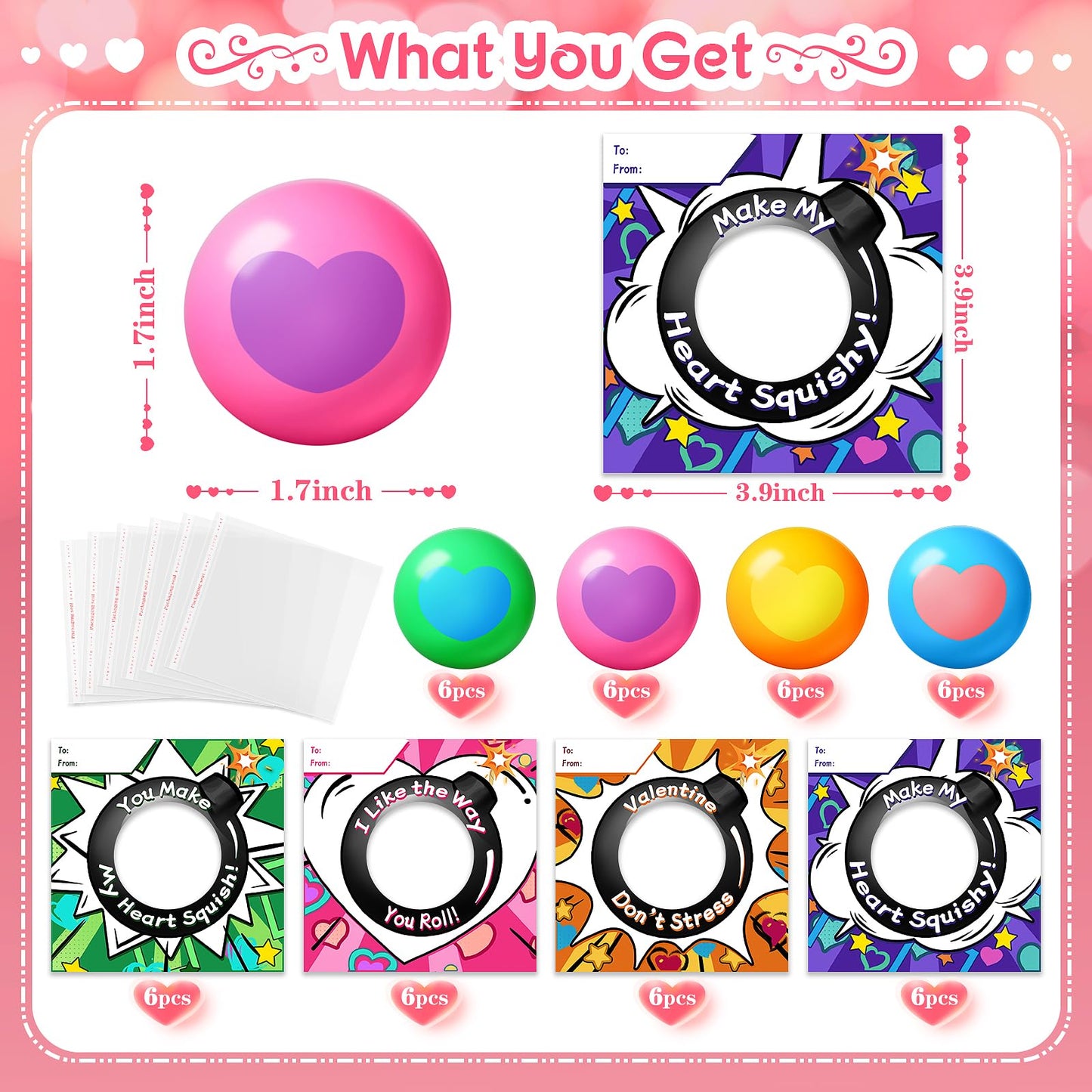 Valentines Day Cards for Kids School, 24 Pack Heart Stress Balls Valentine Day Gifts for Boys Girls, Squeeze Toys for Valentine Party Favor, Ideal Valentines Gifts for Classroom Exchange Prize