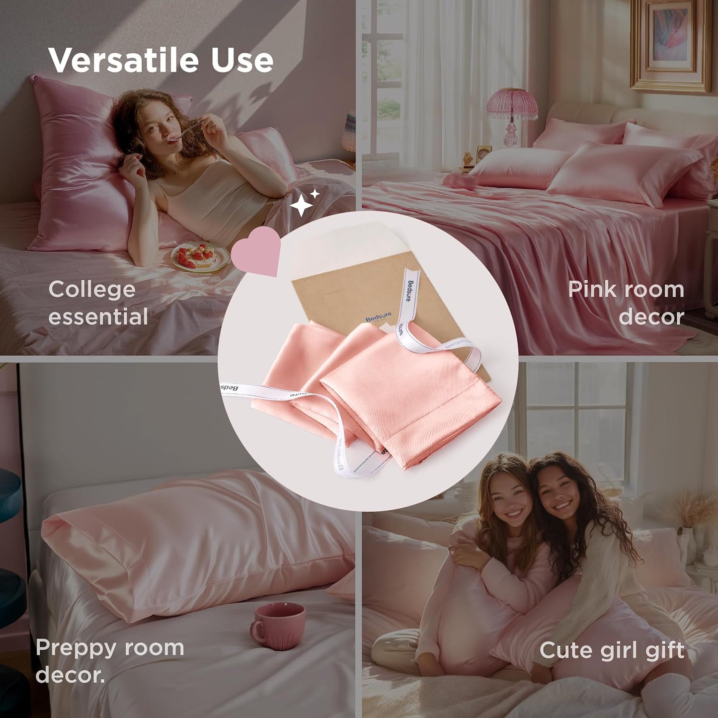 Bedsure King Size Satin Pillowcase Set - Peach Pink Silky Pillow Cases for Hair & Skin | 20x36 Inches, 2-Pack