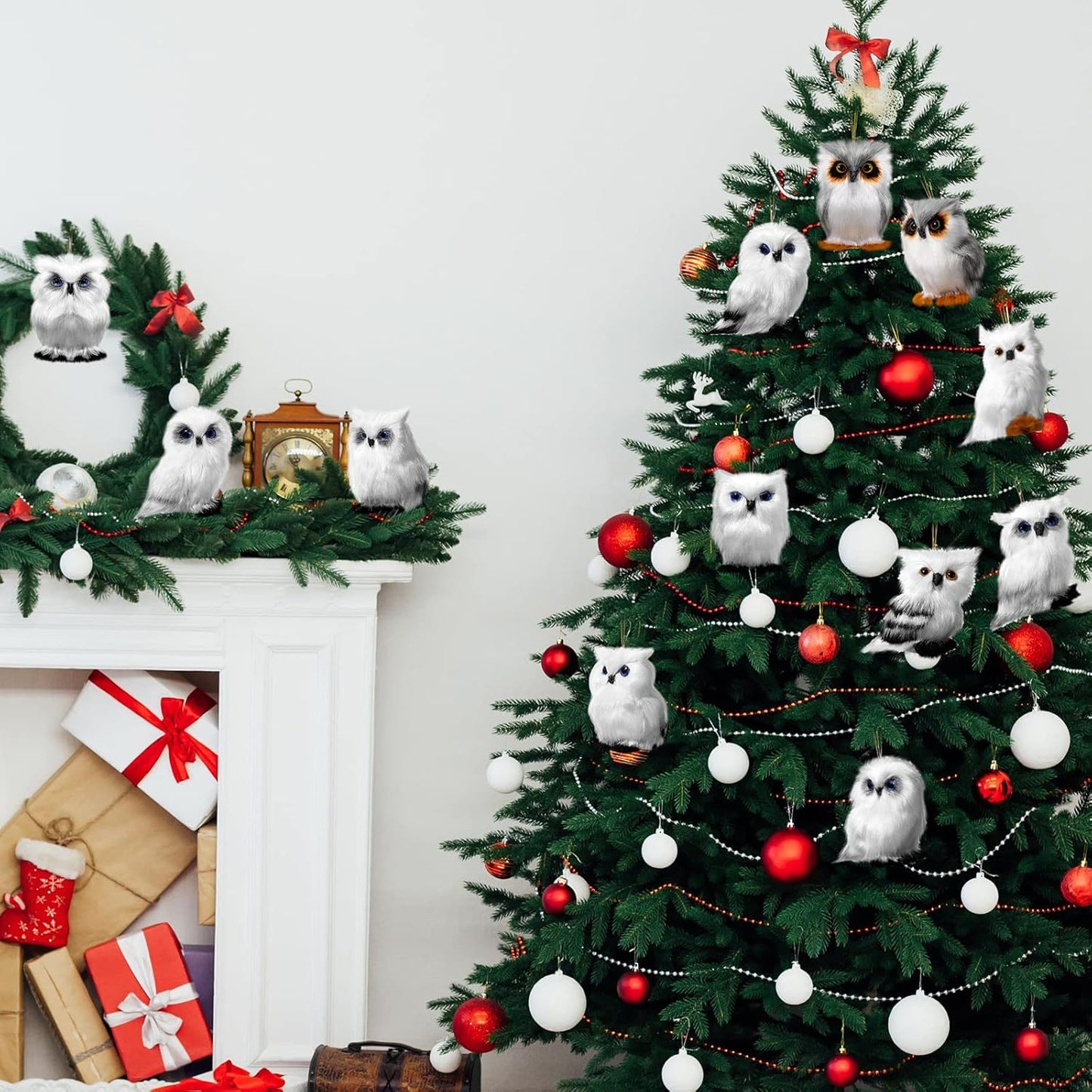 Sratte Christmas Owl Ornament - Cute Furry Hanging Decorations for Tree | 12 Pcs White Set