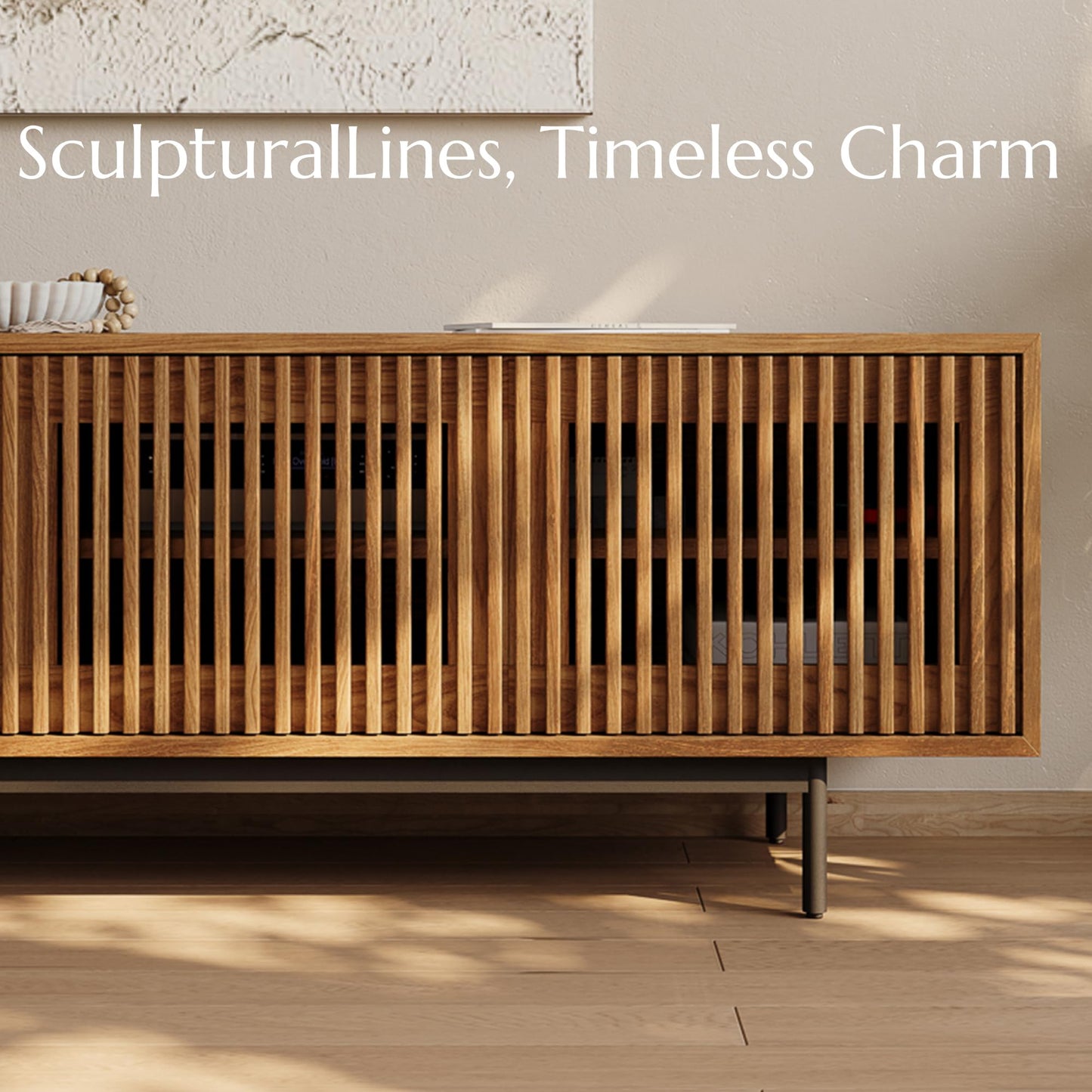 POVISON Mid-Century Modern TV Stand with Slatted Doors, Fully Assembled 94.49" Wood Media Console, TV Console with Tall-cast Metal Legs, Entertainment Center with Storage for Living Room