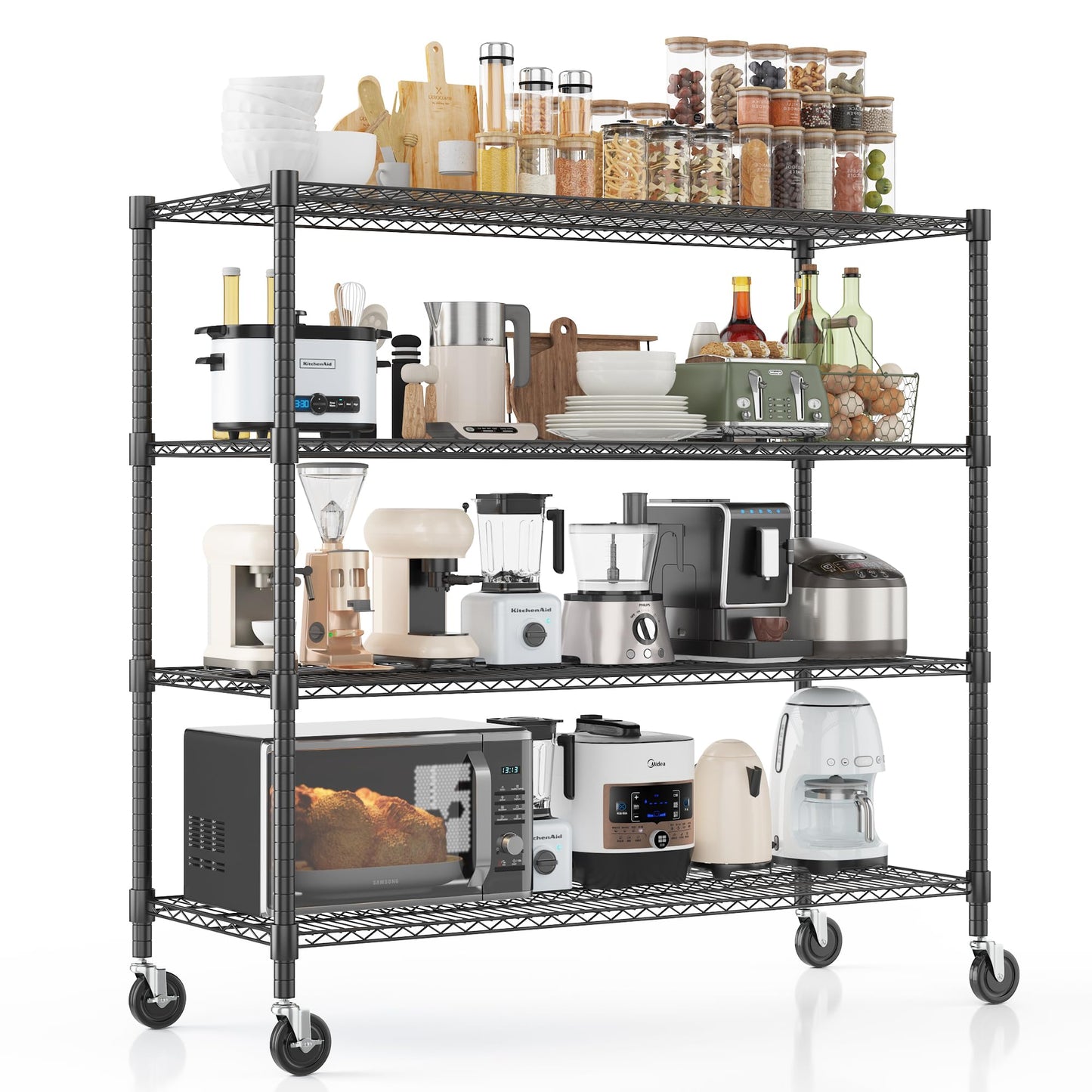 Homdox Heavy Duty Metal Shelves for Storage, 4 Tier Storage Racks and Shelving, Commercial Adjustable Wire Shelving Unit on Wheels, Garage Rack Pantry Shelves Kitchen Shelving, 18"x48"x72", Black