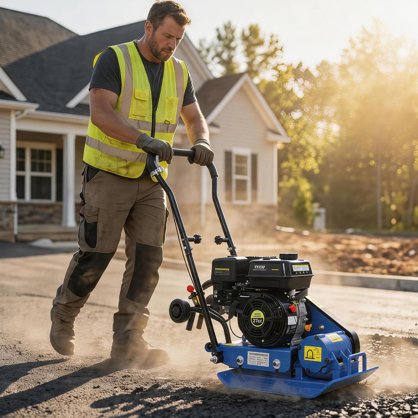 LANTRO JS Plate Compactor, Compactor Machine, 7.0HP 212cc 12000N Force Construction Concrete Tamper Machine Power Paver 20''x 14'' Plate