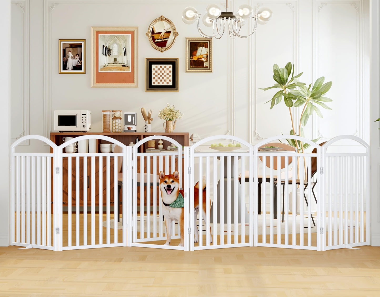 THKKY Folding No-Assembly Freestanding Dog Gate with Door,32" Heights Foldable Pet Fence,144" Extra Wide Accordion Puppy Folding Playpen for Doorways,House,Stairs (6 Panels,White)