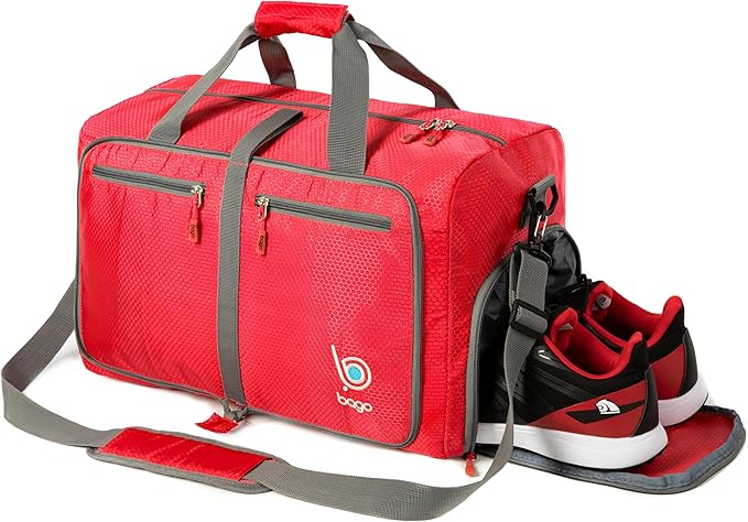 Bago Foldable Duffel Bags for Traveling Women & Men - 60L Medium Packable Duffle Bag for Travel with Shoe Compartment - Water Repellant, Heavy Duty, Lightweight Folding & Collapsible (Red)