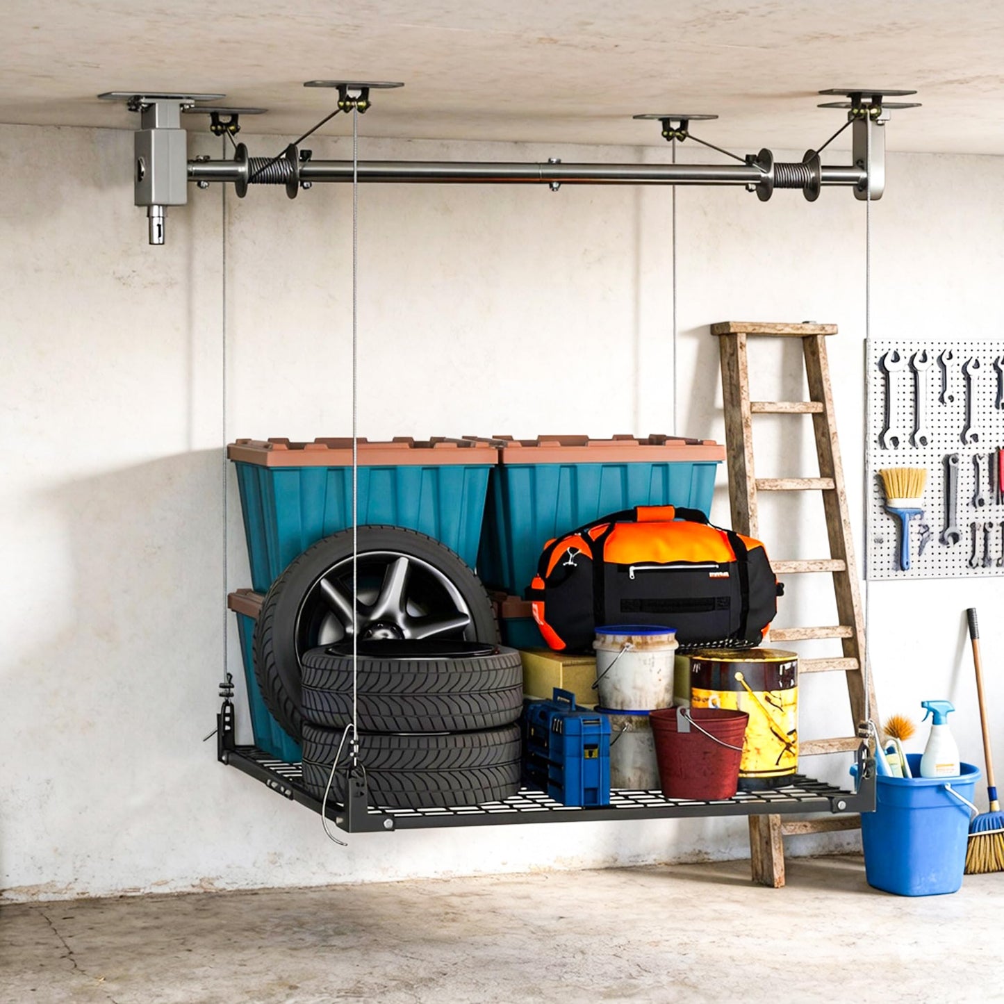 UODENGA Overhead Garage Storage Rack,4x4FT Ceiling Storage Racks with Secure Lock,Garage Storage Lift System for Easy Up Down,Industrial Elevator Lift Holds 400 Lbs