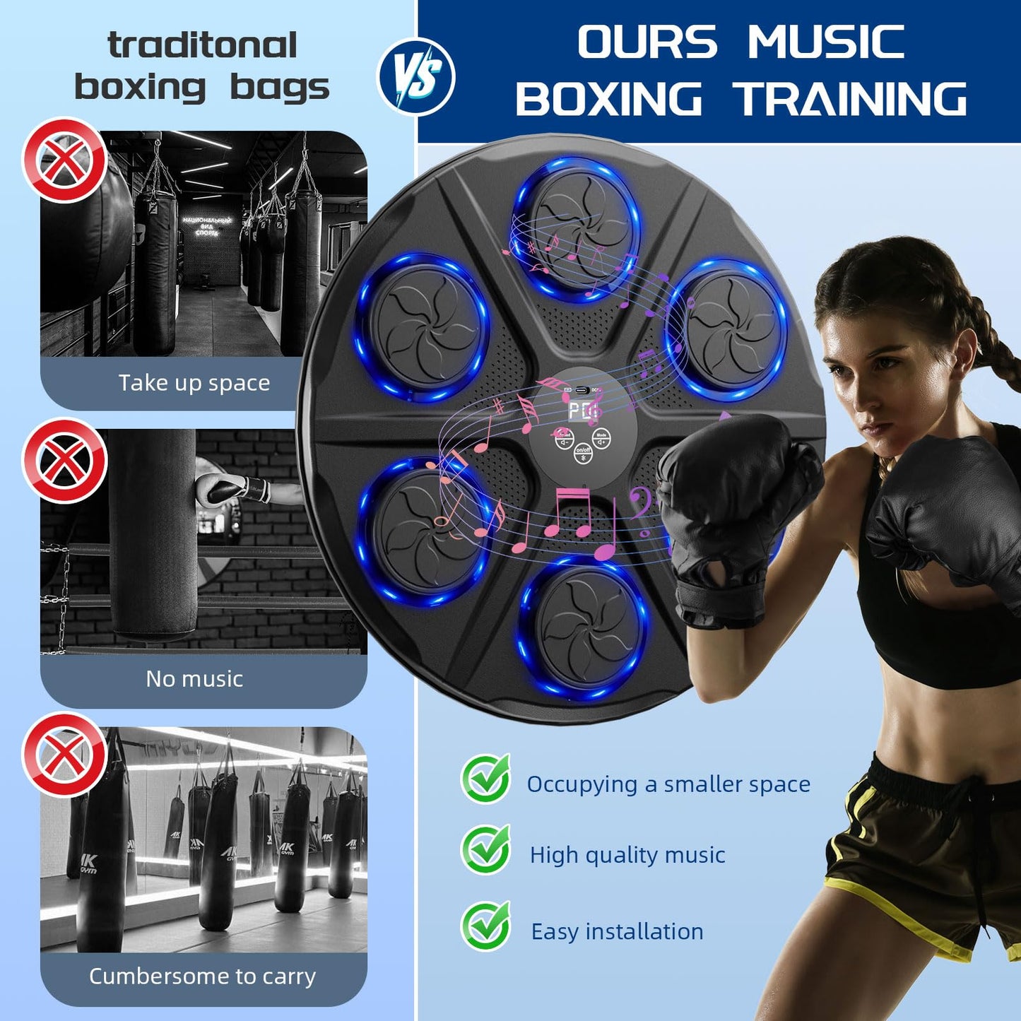 Music Boxing Machine for Adults, Wall Target Punching Workout with Boxing Gloves, Bluetooth Smart Boxing Training Machine Suitable for Home,Office,Gym, 12 Modes & 12 Speeds