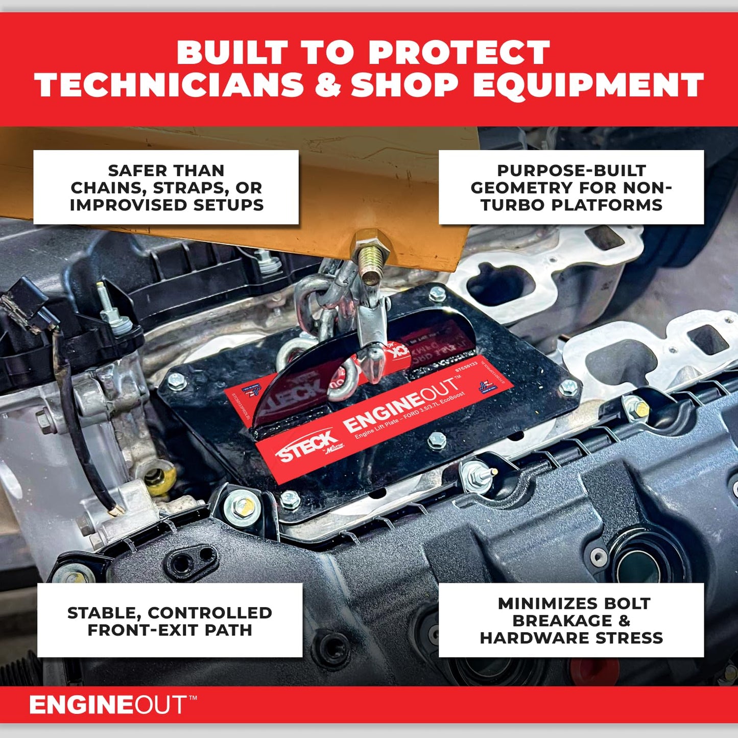 Ford 3.5L/3.7L Non-Turbo Engine Removal Plate – Engine Lift Plate Tool | Front-Exit Engine Extraction | No Subframe Drop | Made in USA