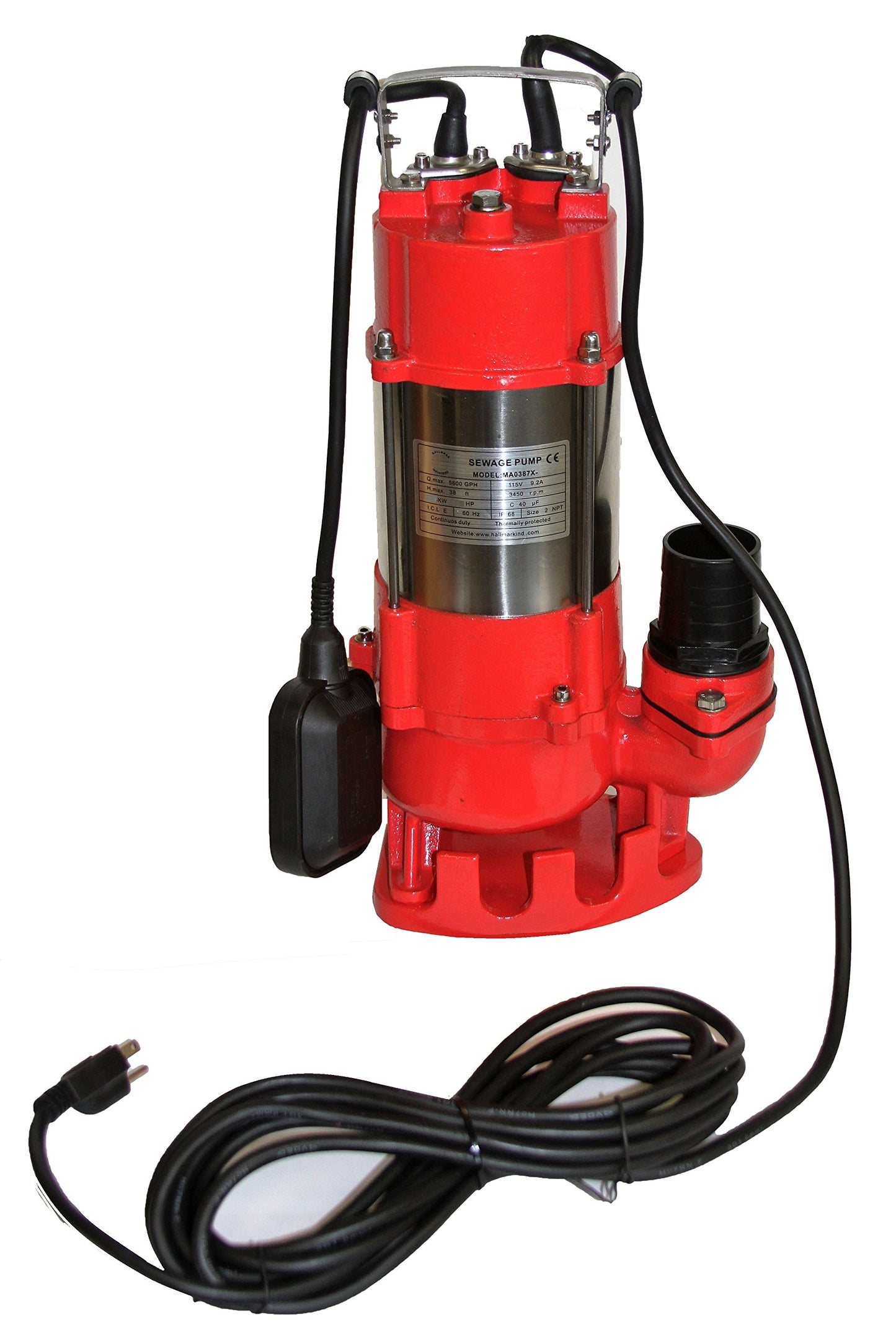 Hallmark Industries MA0387X-9 Sewage Pump with Float Switch, 1 HP, 115V, 7,250 GPH Max, 49 ft Lift, Stainless Steel