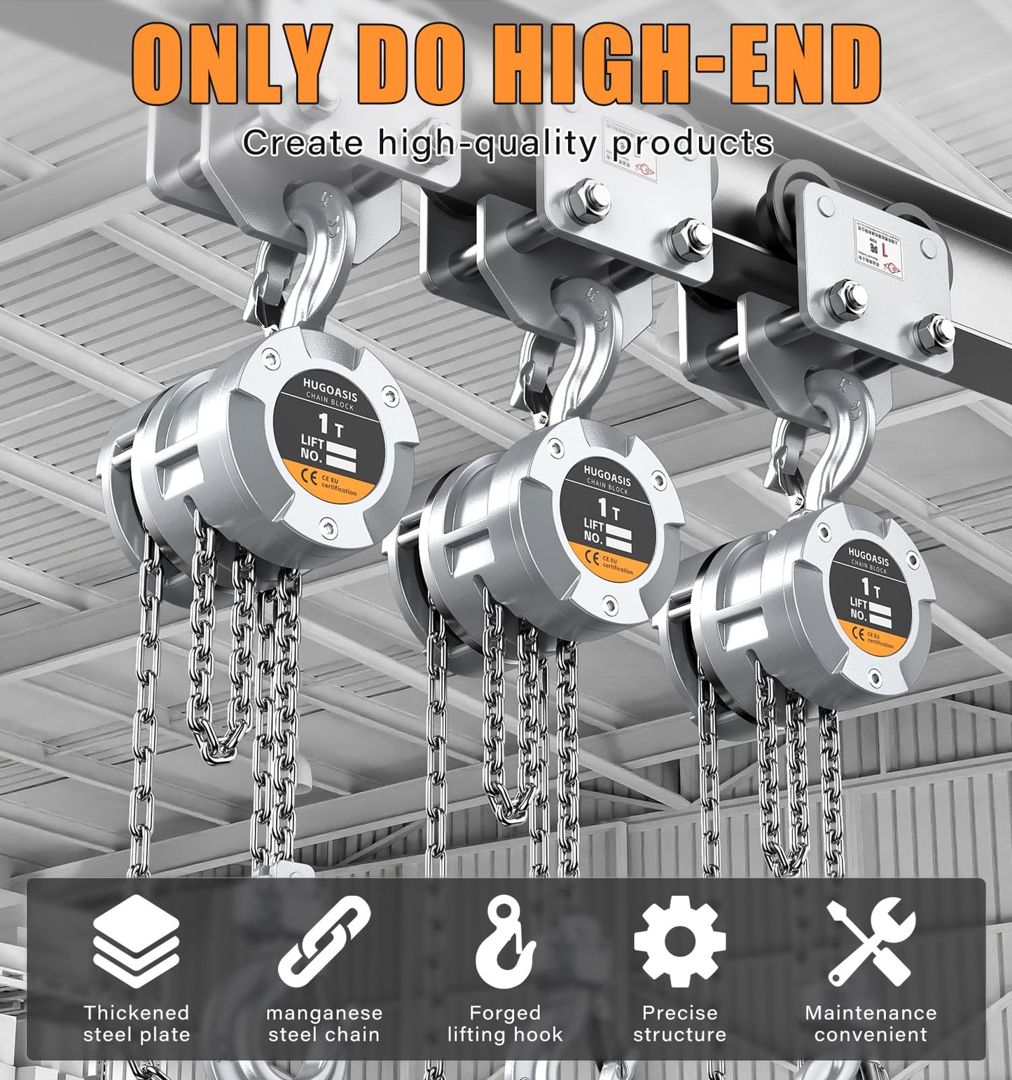 HUGOASIS Aluminum Alloy Hand Chain Hoist 1 Ton 2200lbs Capacity 10ft,Portable Dual Brake Chain Block with Galvanized Chain, 360° Swivel Hook for Garage Warehouse Construction, Workshop Lifting,Sliver