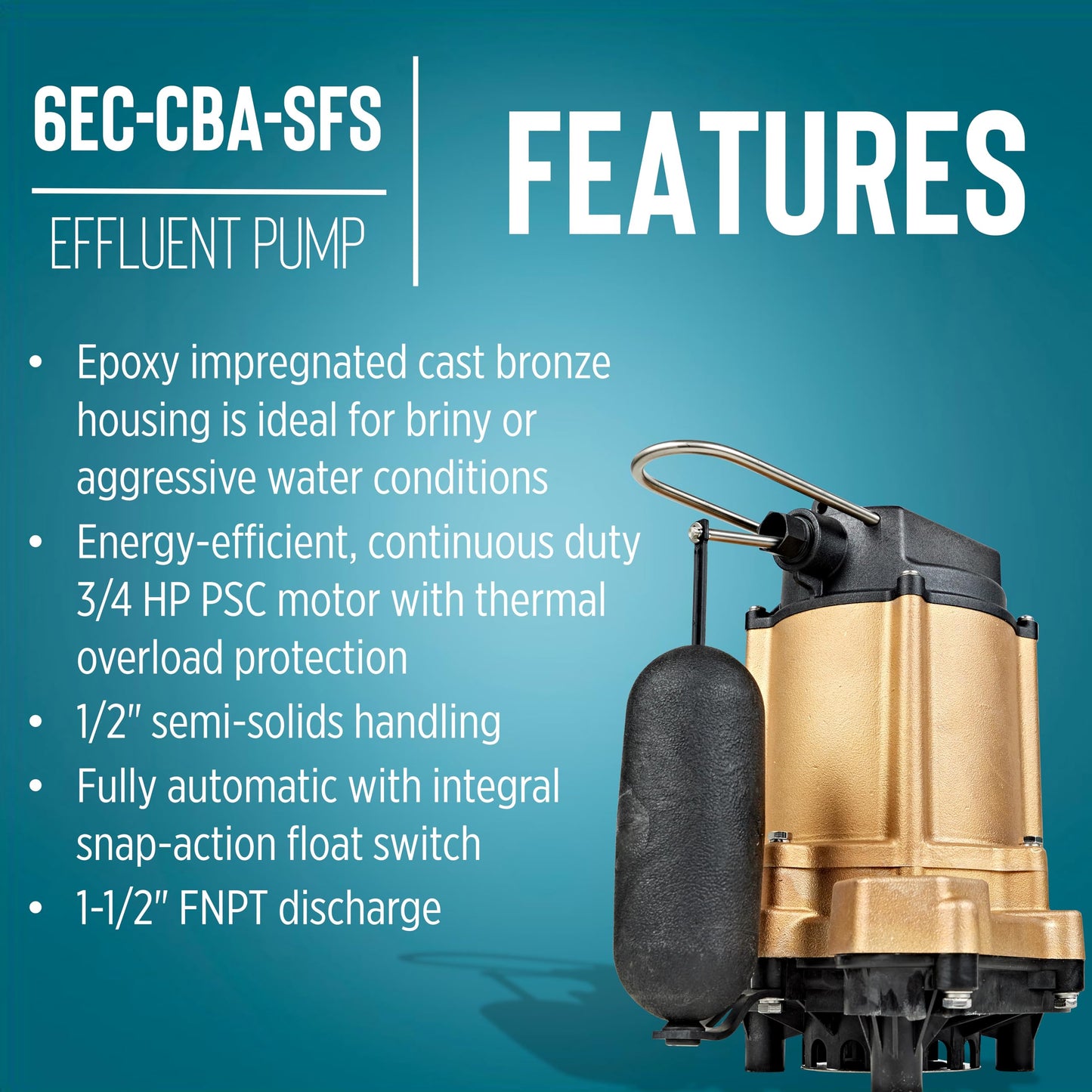 Little Giant 6EC-CBA-SFS 115 Volt, 1/3 HP, 3180 GPH, Automatic Epoxy Impregnated Cast Bronze Sump/Effluent Pump for Salty/Briny Water with Integral Snap-Action Switch, 20-Ft. Cord, Bronze, 506811