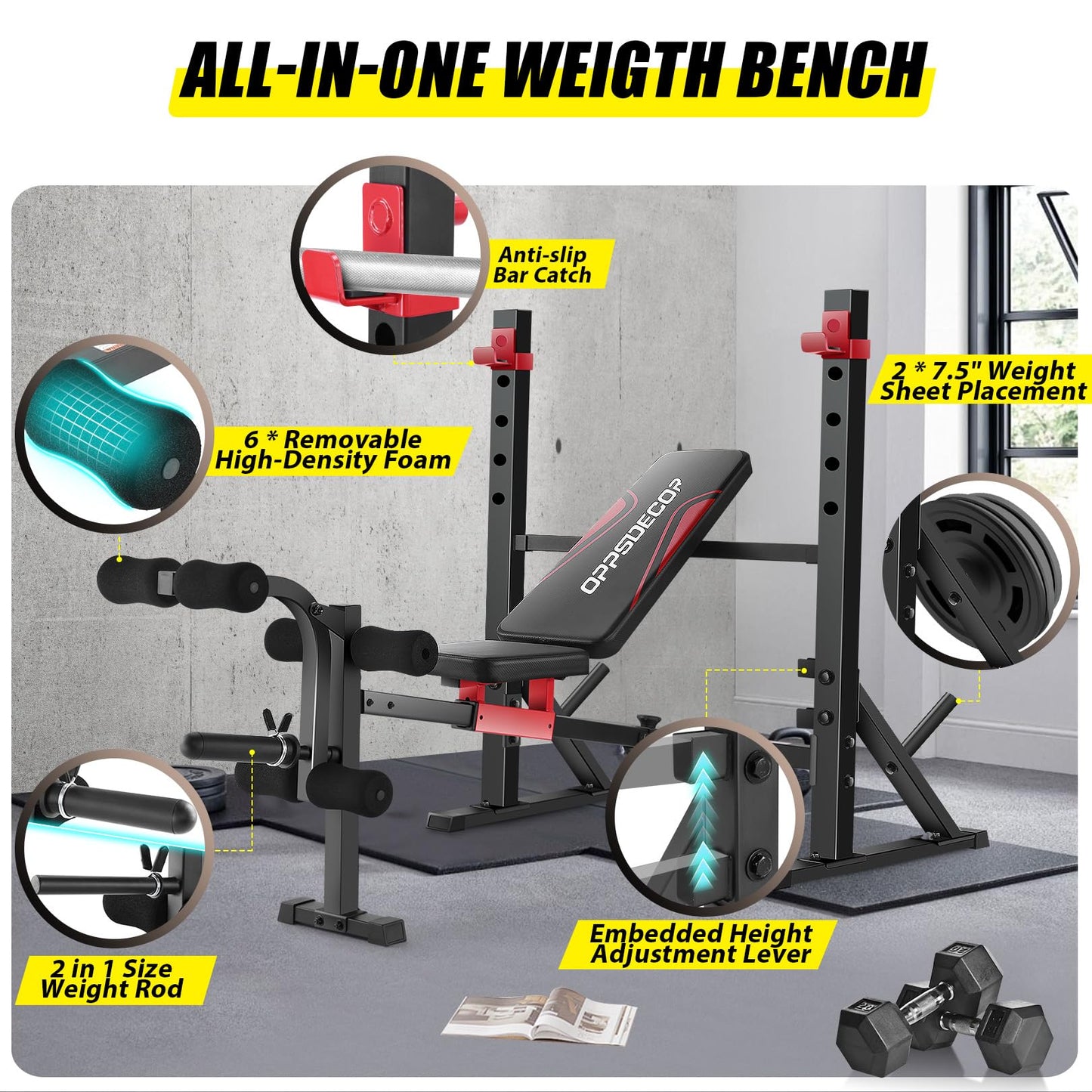 OPPSDECOR 900LBS Weight Bench Set with Squat Rack Foldable Bench Press Set with Leg Extension & Leg Curl Professional Flat/Incline/Decline Workout Bench for Home Gym Full Body Exercise
