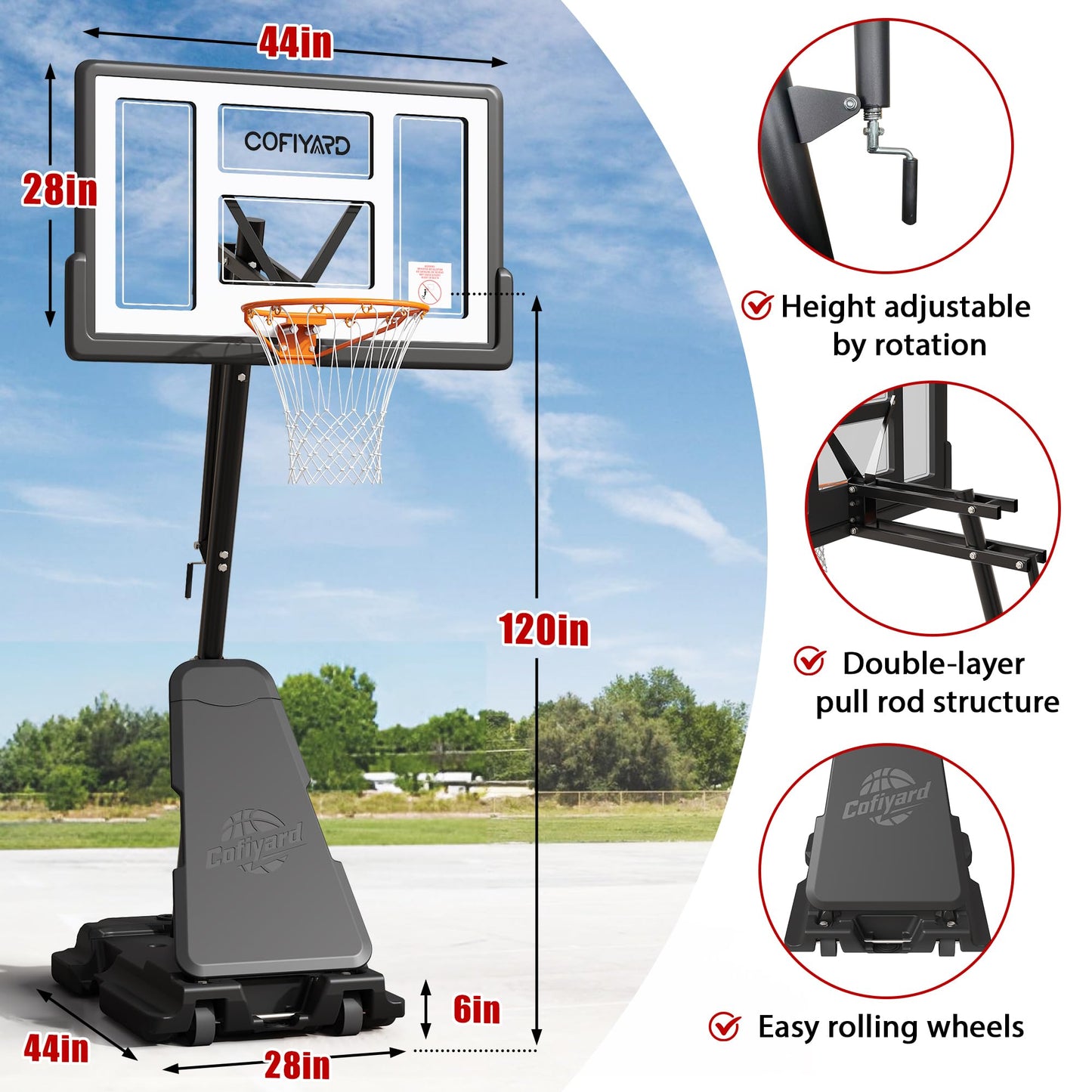Cofiyard Basketball Hoop Outdoor with 44&48&54In Shatterproof Backboard, 5.25-10FT Height Portable Basketball Hoop with Sandbag, Adjustable Basketball Goal System