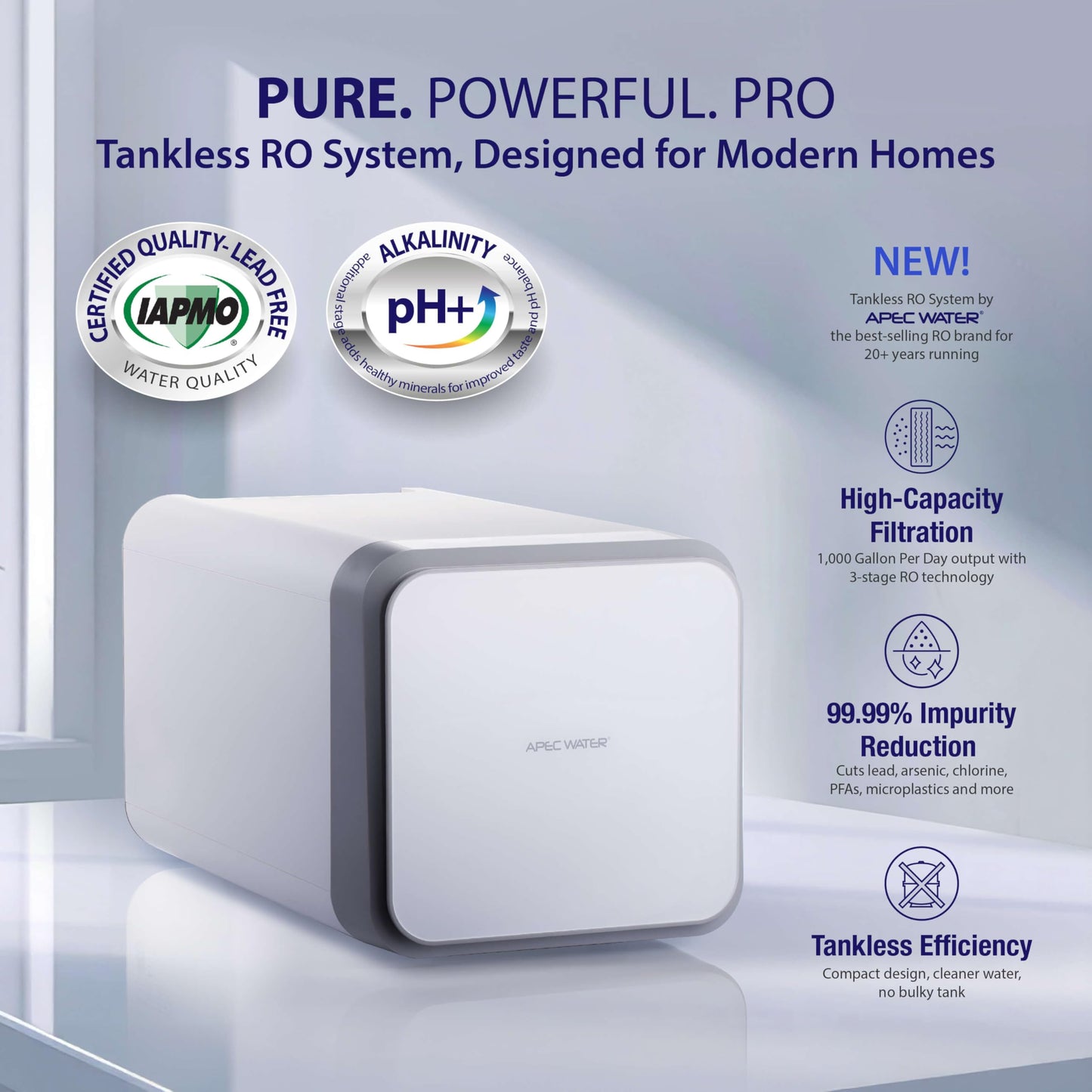 APEC Tankless Reverse Osmosis System with Alkaline pH+ NSF 372 & 58 Certified 3 Stage Water Filtration Bottled Water Quality, High 1K GPD Faucet Flow, Efficient 2:1 Pure to Drain, Space Saving Design