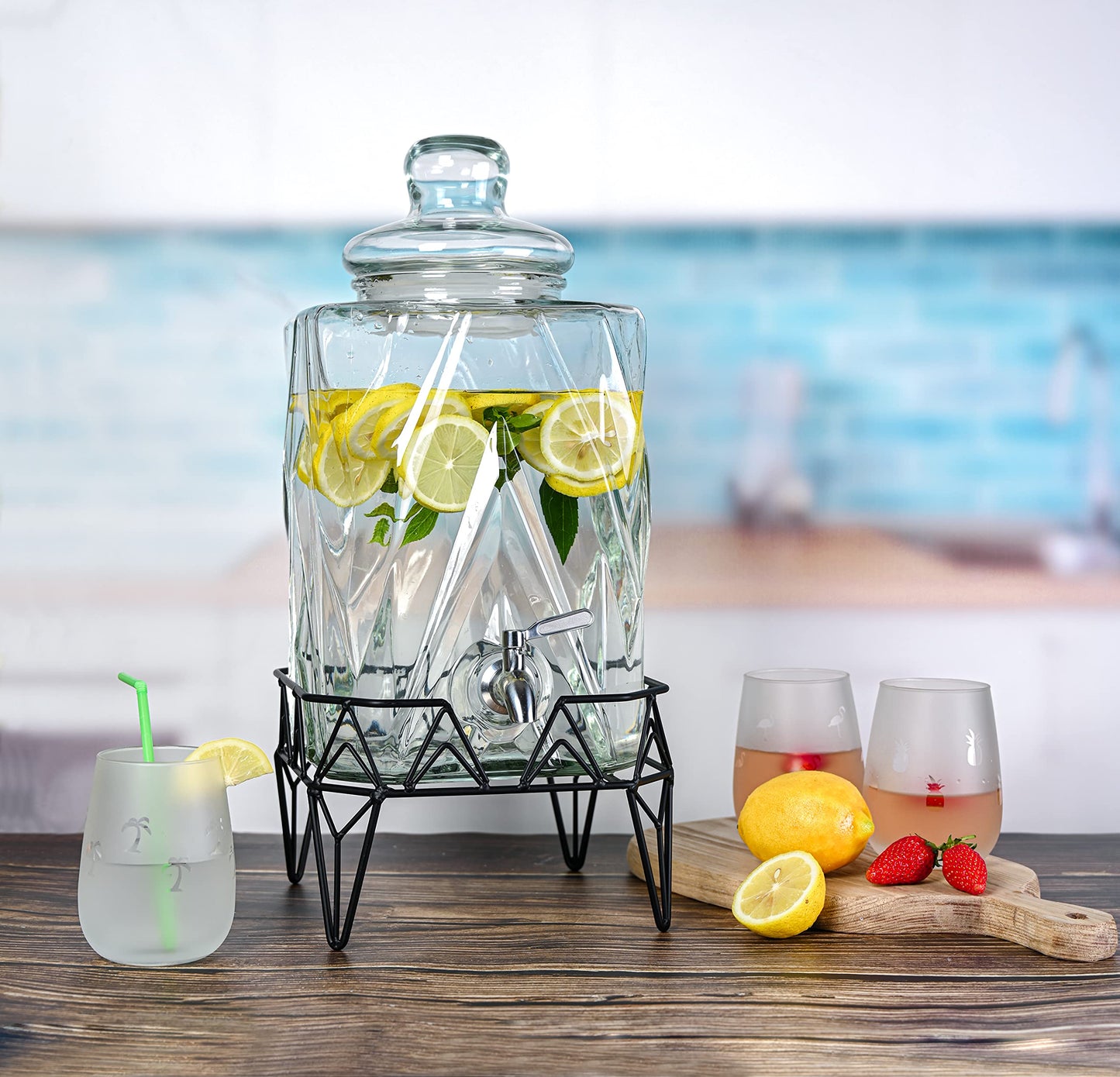 Glacial Ice Design Glass Beverage Dispenser with SS Spigot and Stand - 2.5 Gal
