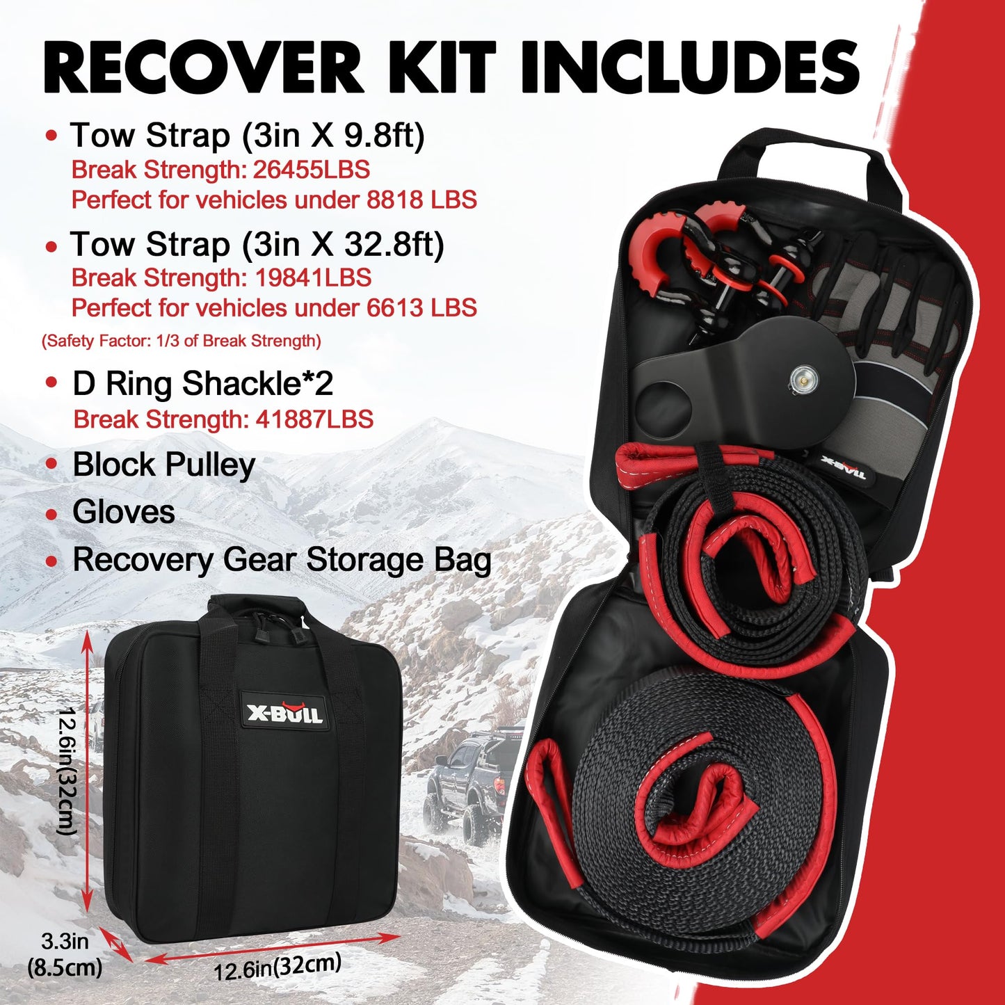 X-BULL Off-Road 4×4 Recovery Kit - Heavy Duty 3'' x 30' (31518LBS) 100% Nylon Tow Strap+41887lbs Break Strength D-Ring Shackles (2pcs)+Block Pulley+Gear Storage Bag +Gloves for ATV/UTV Jeep Truck
