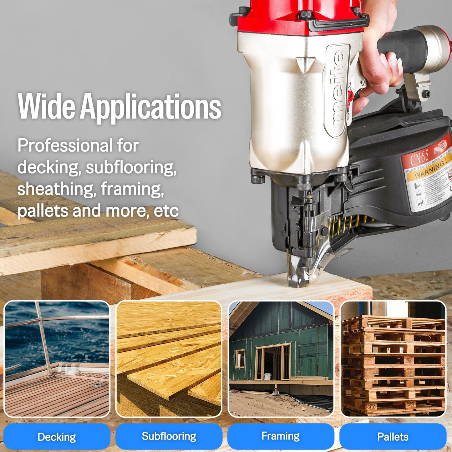 meite CN65 Siding Nailer 15 Degree Coil Siding Nailer Gun for Heavy-Duty Fencing Decking Sheathing, Pneumatic Siding Nail Gun with Tool-Free Depth Adjustment, Drives 1-1/2" to 2-1/2" Coil Siding Nails