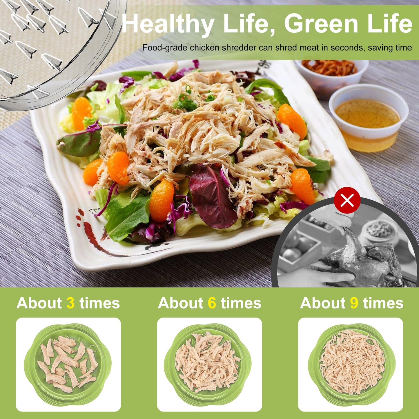 SURETIVIAN Chicken Shredder Tool Twist Large Chicken Breast Shredder with Brush&Fork, Visible Meat Shredder Machine, Anti-Slip Strip, Ergonomic Handle, BPA Free, Suitable for Pork Beef Chicken(Matcha)