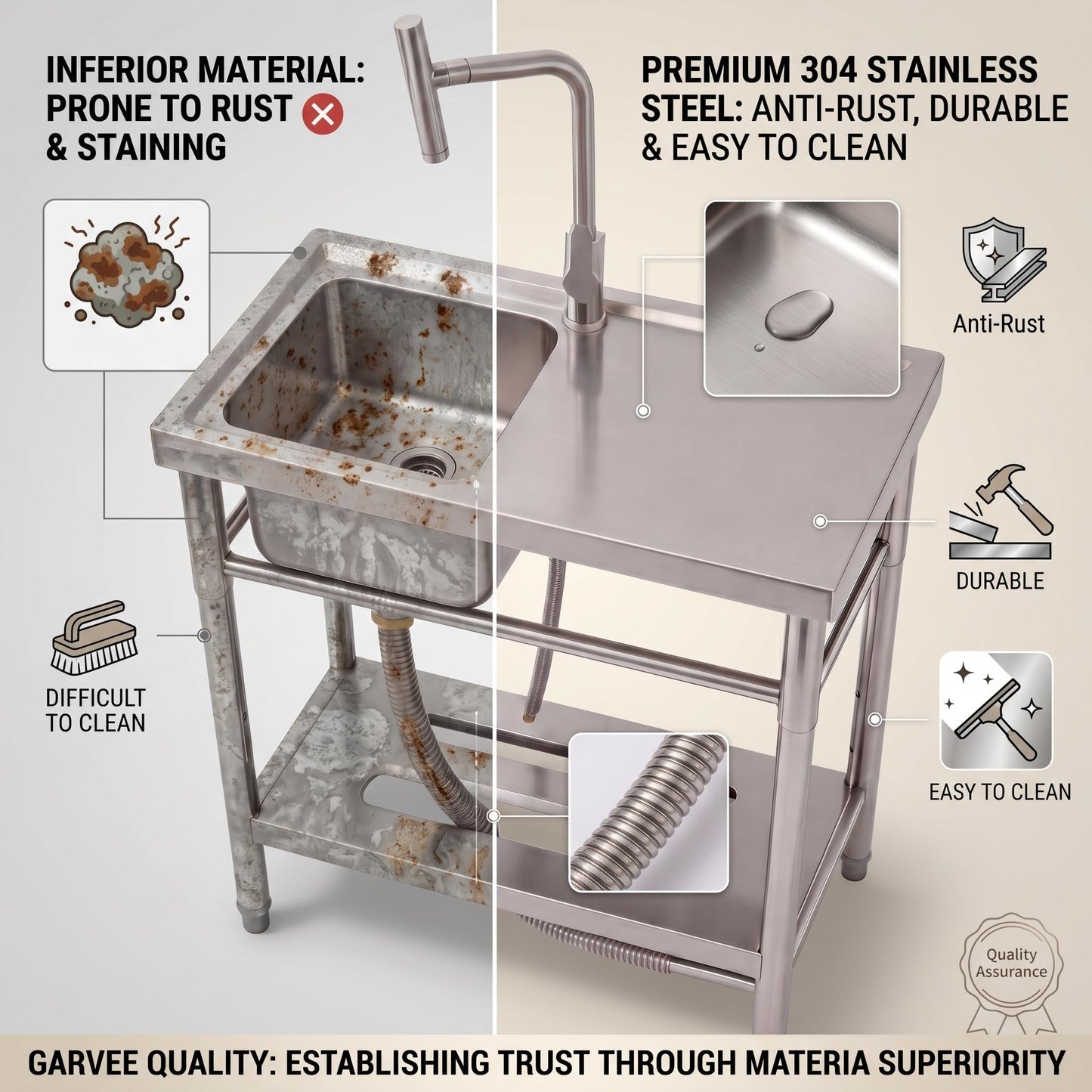 Freestanding Utility Sink 30 x 16 x 30 Inch, Stainless Steel Single Bowl Laundry Sink with Side Drainboard, t-Shape Hot and Cold Water Faucet, Compact Wash Station for Garage Basement Apartment