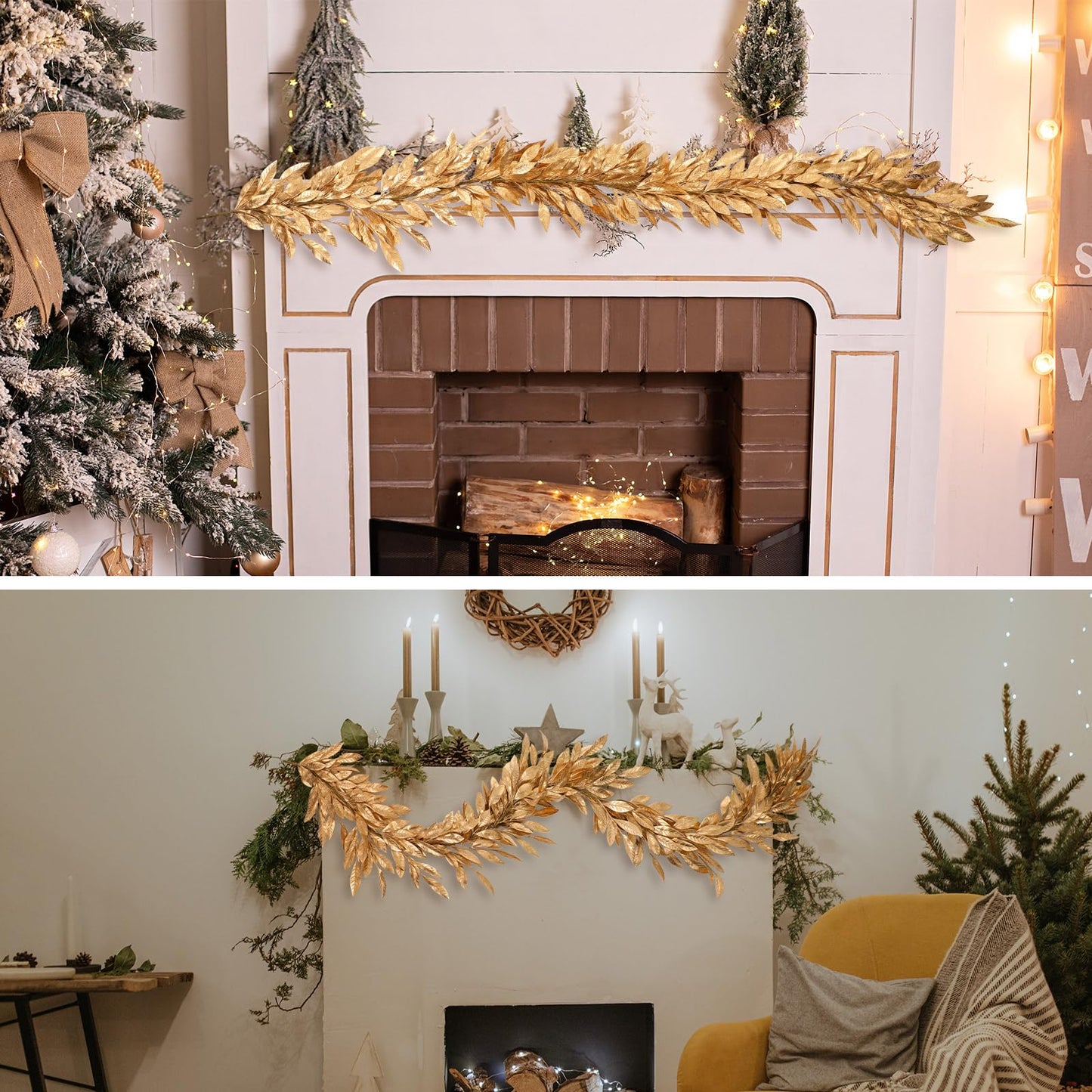 Jutom 9 Ft Gold Christmas Bay Leaf Garland Decoration Gold Bayleaf Garland for Christmas Fireplace Front Door Stairs Decoration Xmas Holiday Winter Engagement Birthday Wedding Supplies