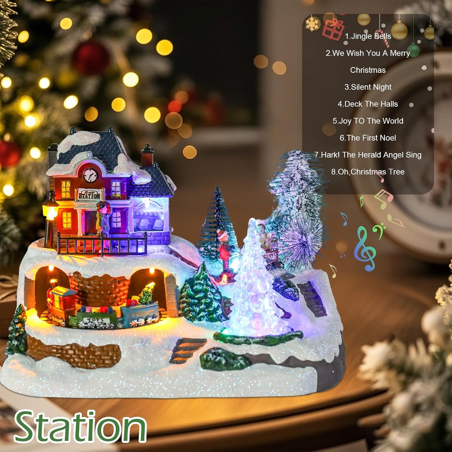 Wonder Garden Christmas Village Houses - Lighted Musical Railway Station with Moving Train & Animated Figurines for Indoor Decor