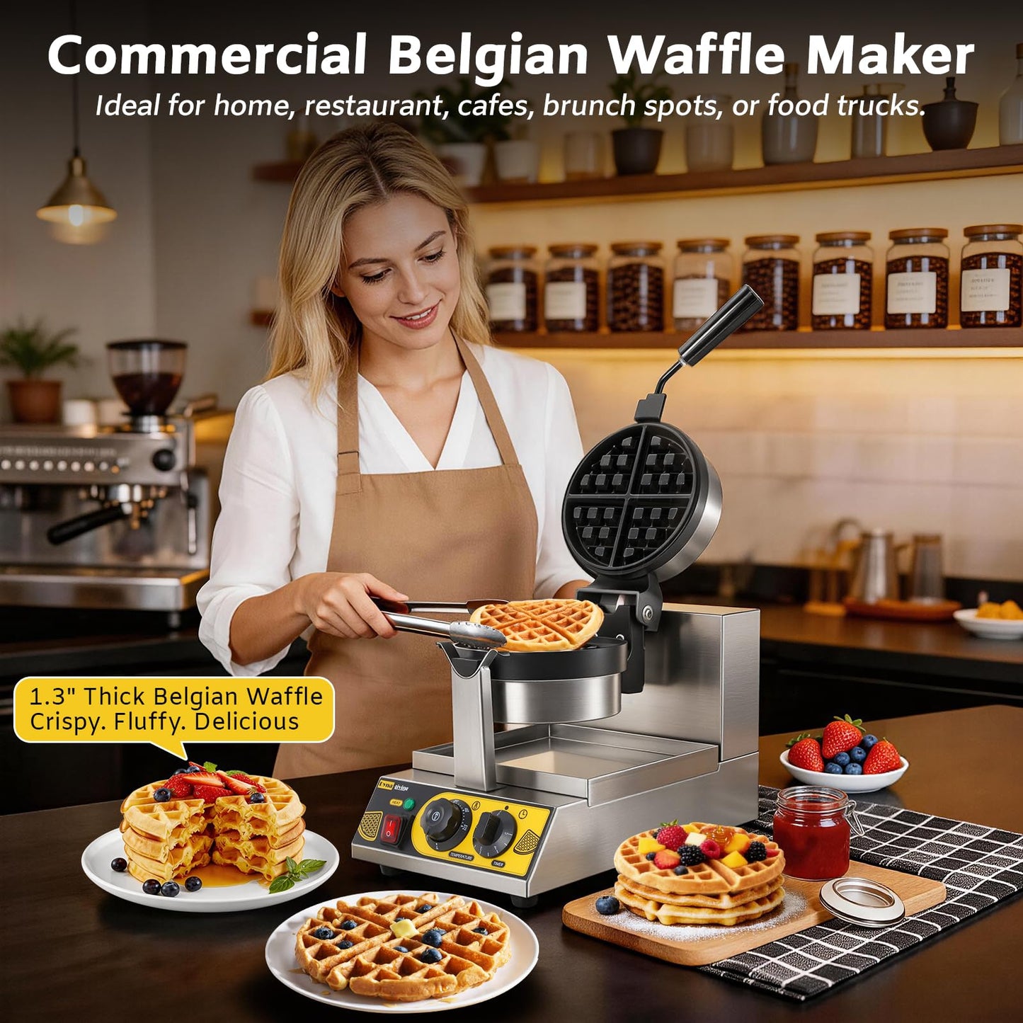 Dyna-Living Commercial Waffle Maker Belgian Waffle Iron for Restaurant, 1200W Flip Professional Waffle Maker Non-Stick Electric Restaurant Waffles Machine for Bakery Snack, 122℉-572℉ Temp Adjustable