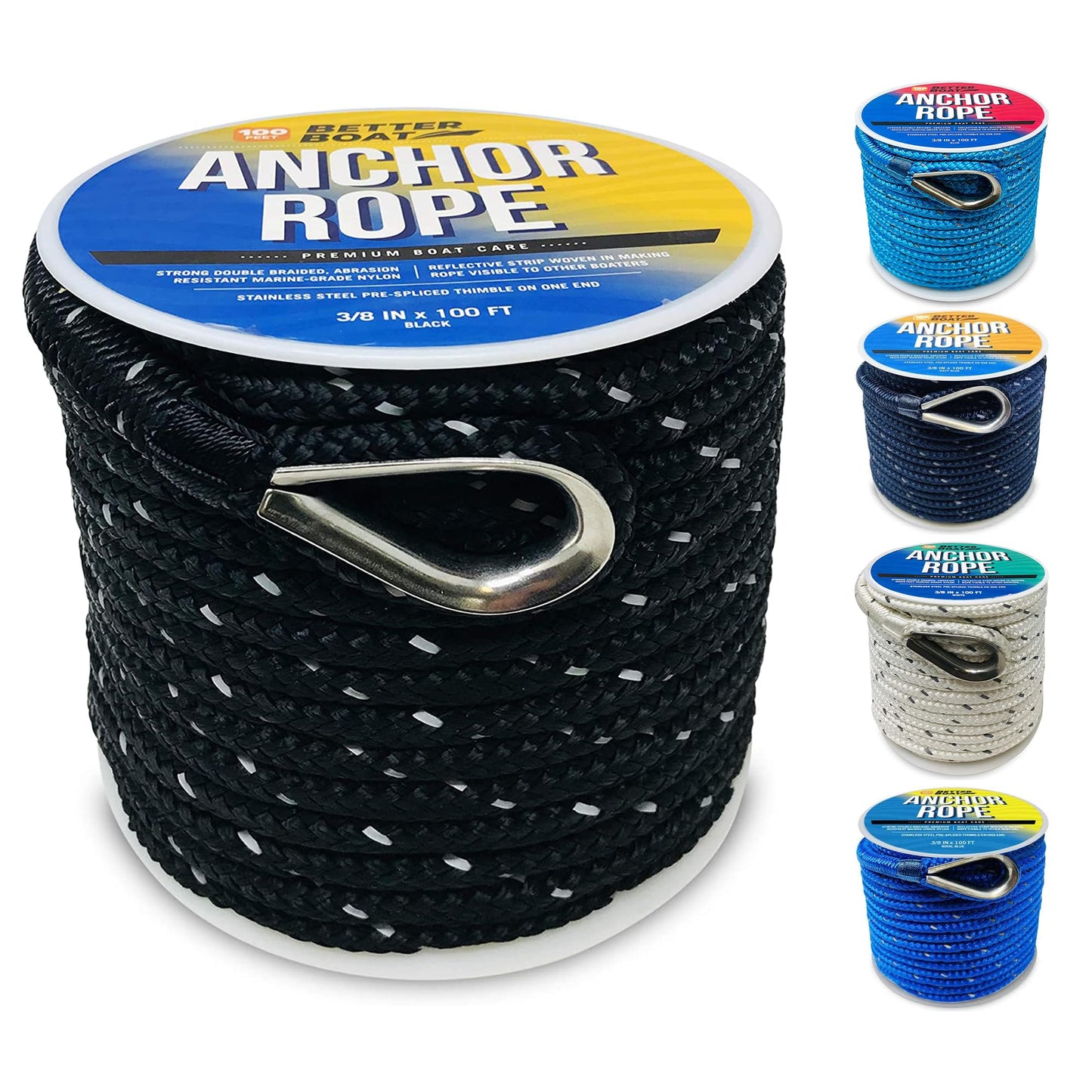 Better Boat Premium Anchor Rope, 100 Ft Double Braided White Nylon Marine Line, Reflective 3/8 Inch Reel for Anchors and Boats - Black