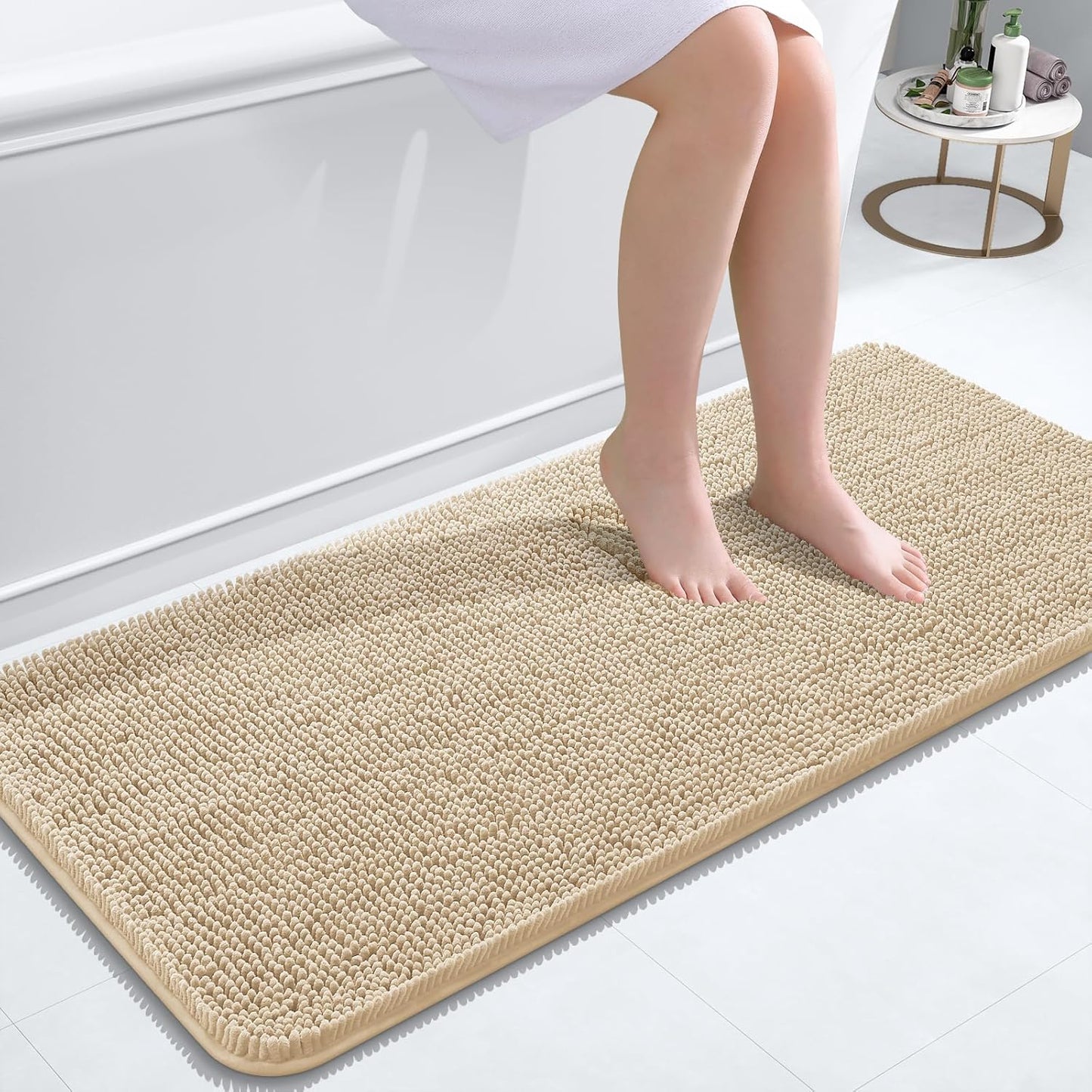 OLANLY Bathroom Rugs - Extra Soft Chenille Bath Mats | 47x20, Quick Dry & Machine Washable, Beige