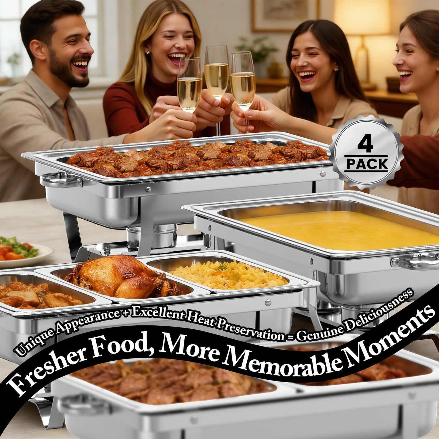 Amhier Chafing Dishes for Buffet 9Qt 4 Pack [Multi-Size Food Pans] Stainless Steel Chafing Dishes [Sturdy and Durable] Chafing Dish Buffet Set for Weddings & Parties & Festival, Silver