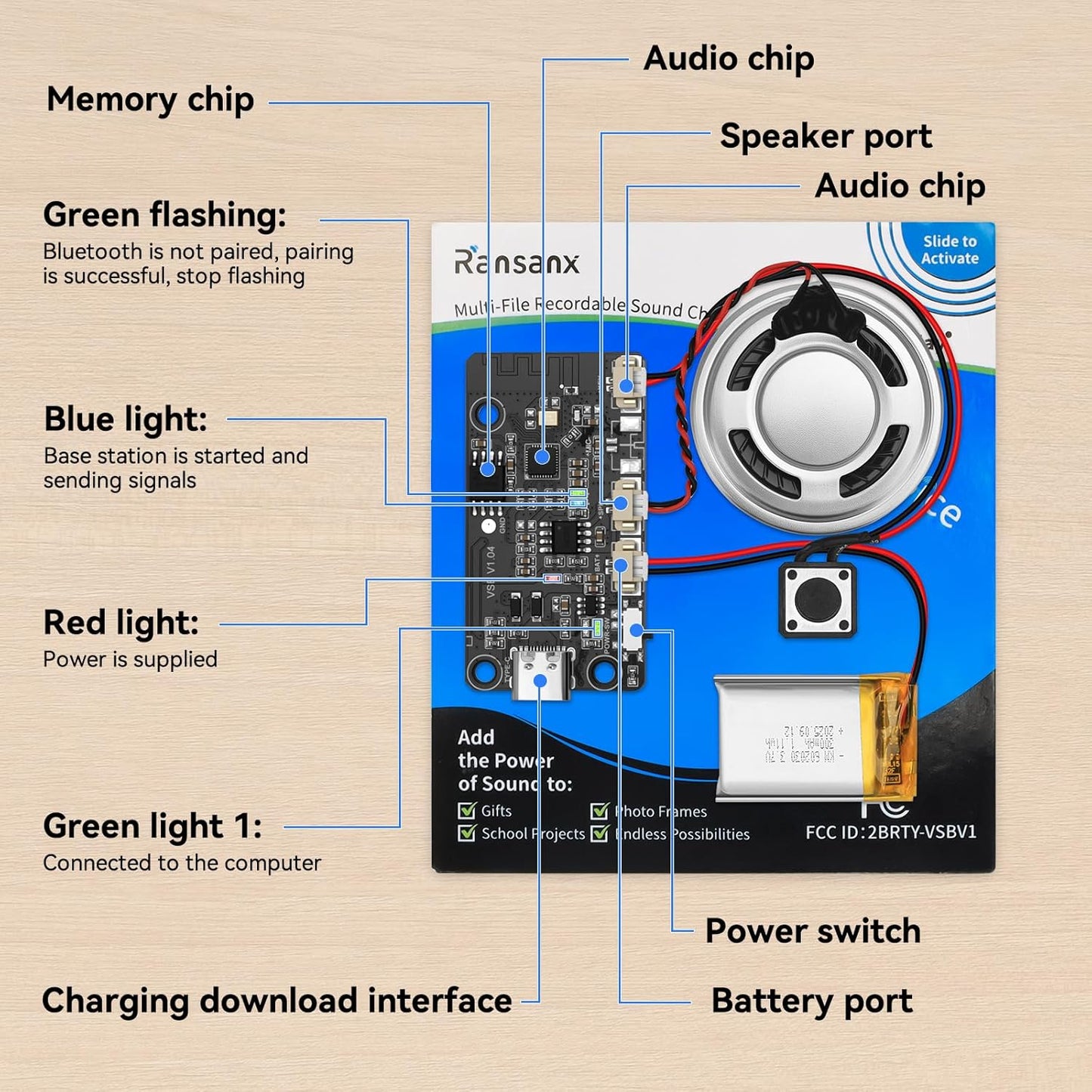 Ransanx MP3 Voice Recording Module Chip with Speaker Records and Plays Multiple Songs and Messages Create Recordable