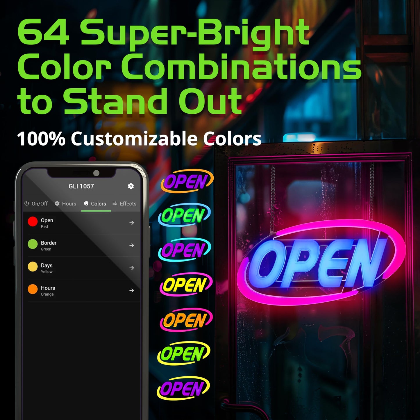 Green Light Innovations Super‑Bright LED Open Sign 15×32 in – Programmable with 64 Color Combos via App or Remote – Static, Scroll, Flash & Phase Modes – Daylight Visible Electric Sign