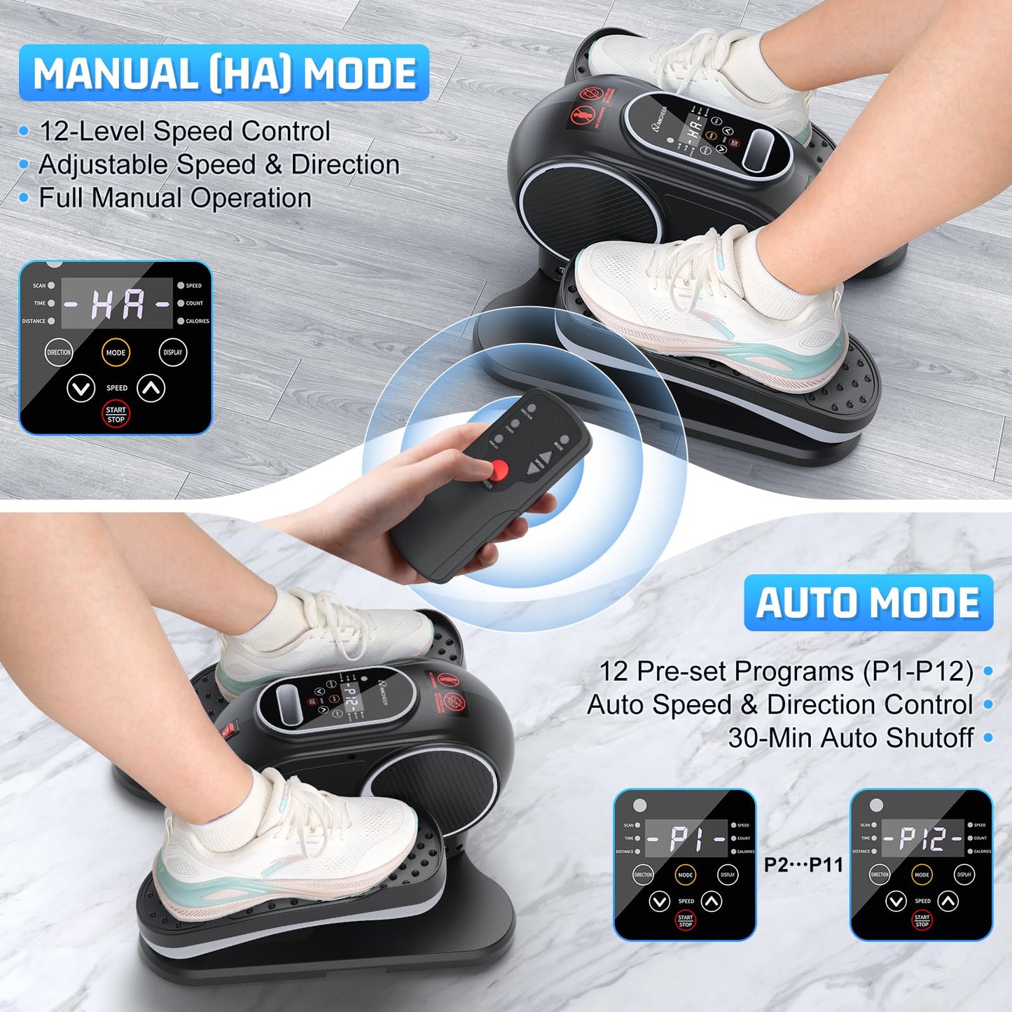 ANCHEER Under Desk Elliptical, 24-in-1 (12 Auto & 12 Manual) Elliptical Machine with Wireless Remote&Dual-Direction, Quiet Compact Leg Exerciser for Home Office(Black)
