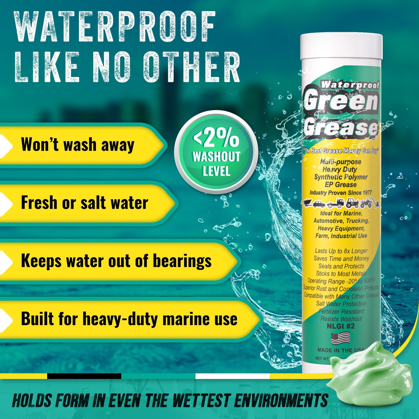 Ultra Heavy Duty Green Grease Tube (14oz, 10 Pack) for Grease Gun – NLGI 2 Lithium, High Temp Waterproof Marine Grade, Rust Resistant Wheel Bearing Lubricant for Auto, Farm & Home Use – American Made.
