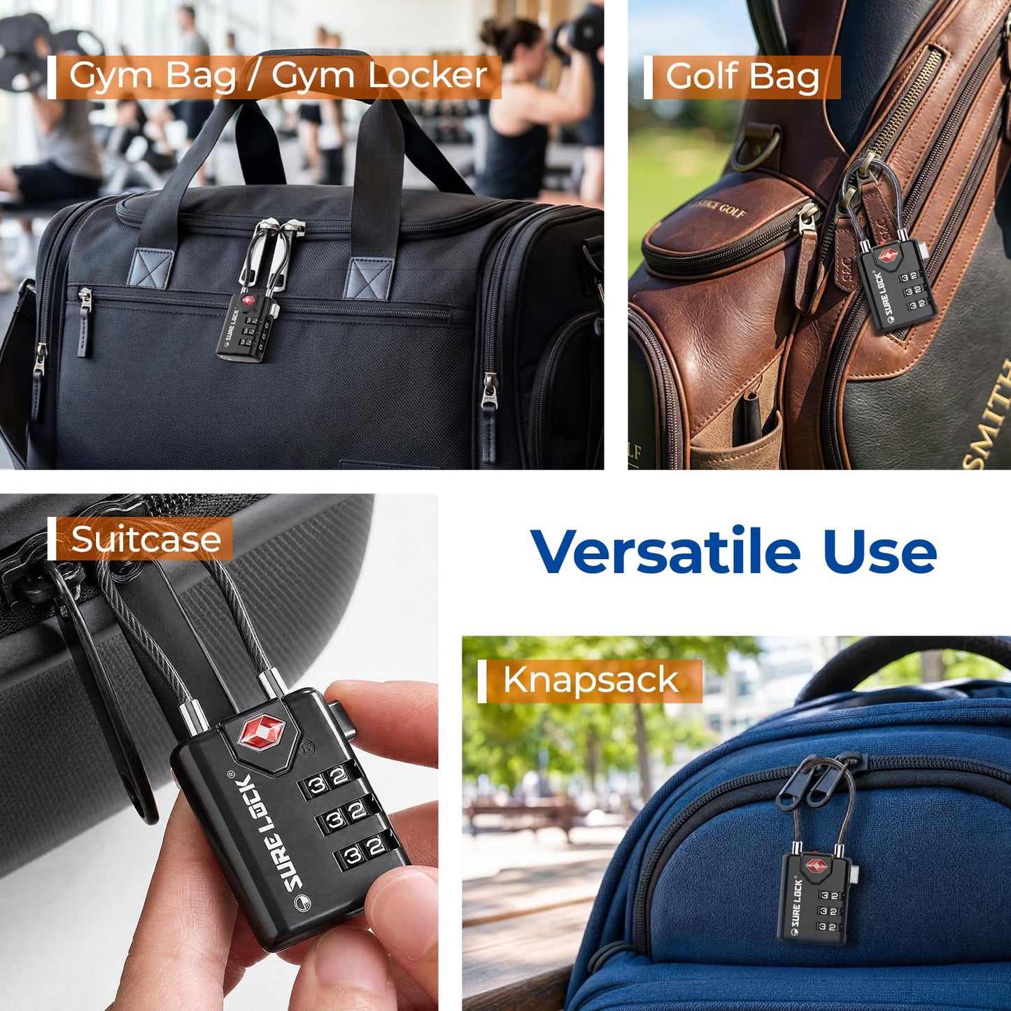 SURE LOCK TSA Approved Luggage Locks with Open Alert Indicator, 3 Digit Combination Cable Travel Lock for Suitcase, Backpack, Gym Locker, Toolbox & Travel Bag, 2 Pack Black