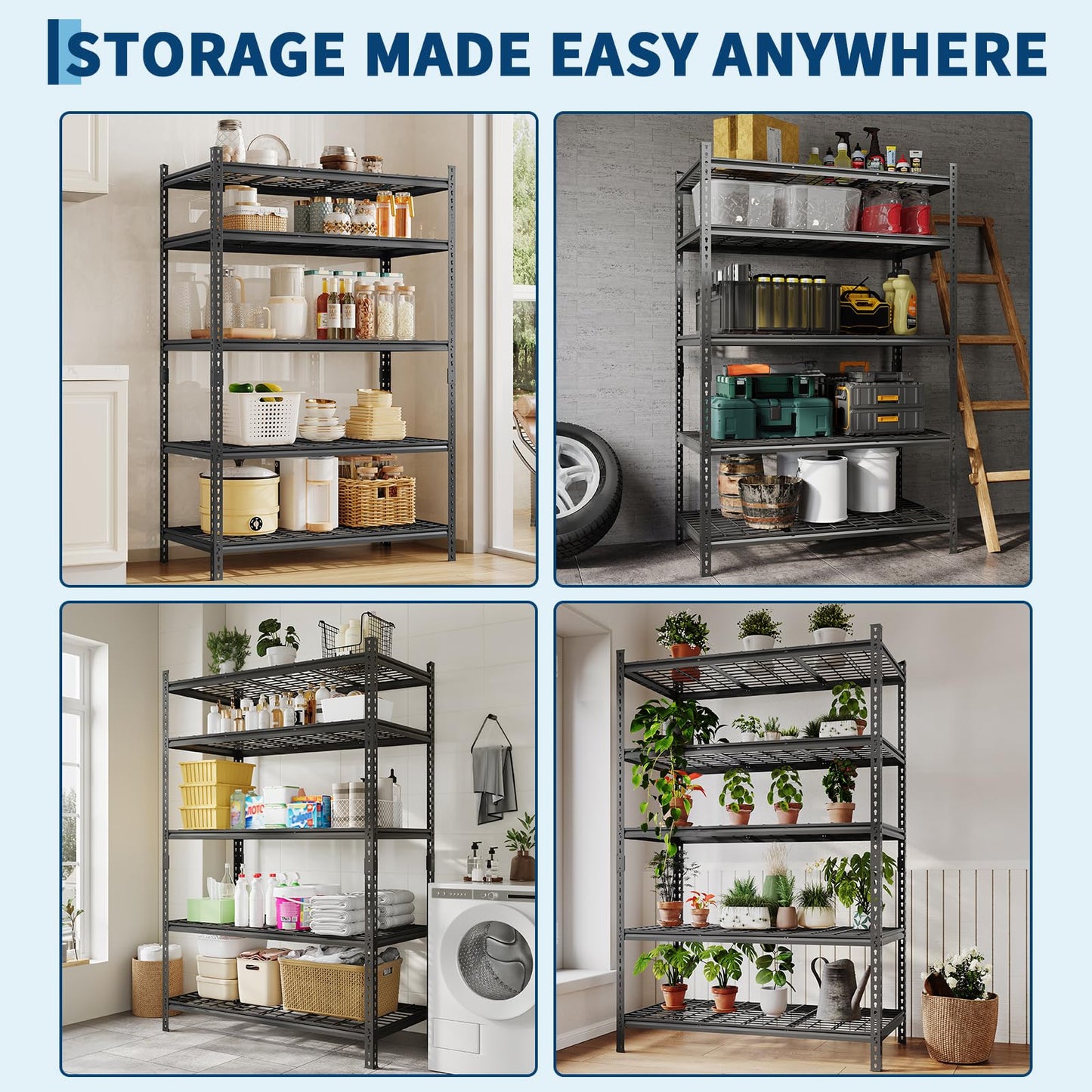 Garage Shelving 2200 LBS Storage Shelves Adjustable Metal Shelving Unit Heavy Duty 5 Tier Metal Shelves for Garage Kitchen Pantry Warehouse Basement, 48" W × 24" D × 72" H