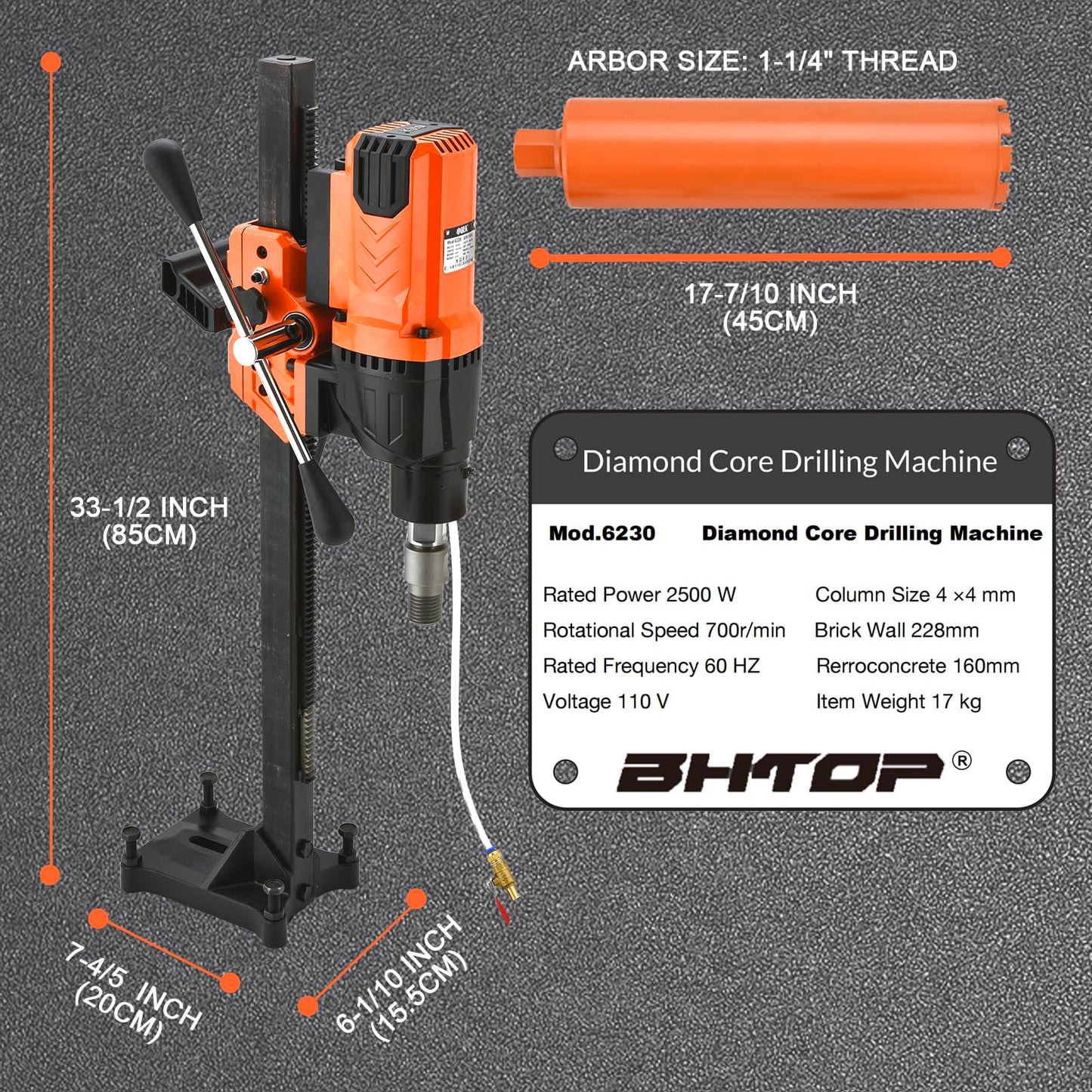 BHTOP Diamond Core Drilling Machine with Bit, 8 in Wet Concrete Core Drill Rig with Stand Wheel, 750RPM Speed & 1-1/4" Thread & Lifting Handle, Drilling Diameter for Concrete Brick Stone
