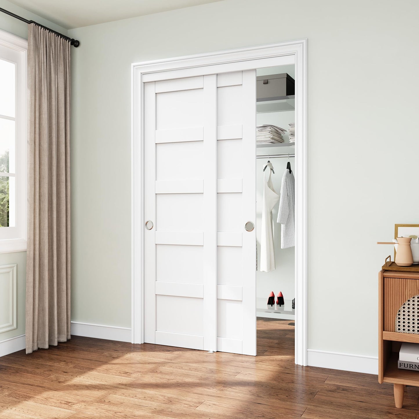 JUJUBON Closet Sliding Door, 48"×80"(Double Barn Doors 25"), Double 5 Panel Sliding Door with Hardware Kit, Pre-Drilled Doors Panel, MDF with Paintable Surface, White, Need to Assemble