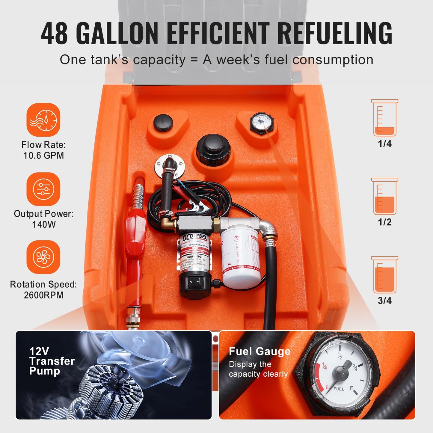 VEVOR Portable Diesel Tank, 48 Gallon, 10.6GPM Flow Rate, Diesel Fuel with 12V Electric Transfer Pump, 13.1 ft Hose, Auto Fueling Nozzle, Transfer Tank for Easy Fuel Transportation, Orange