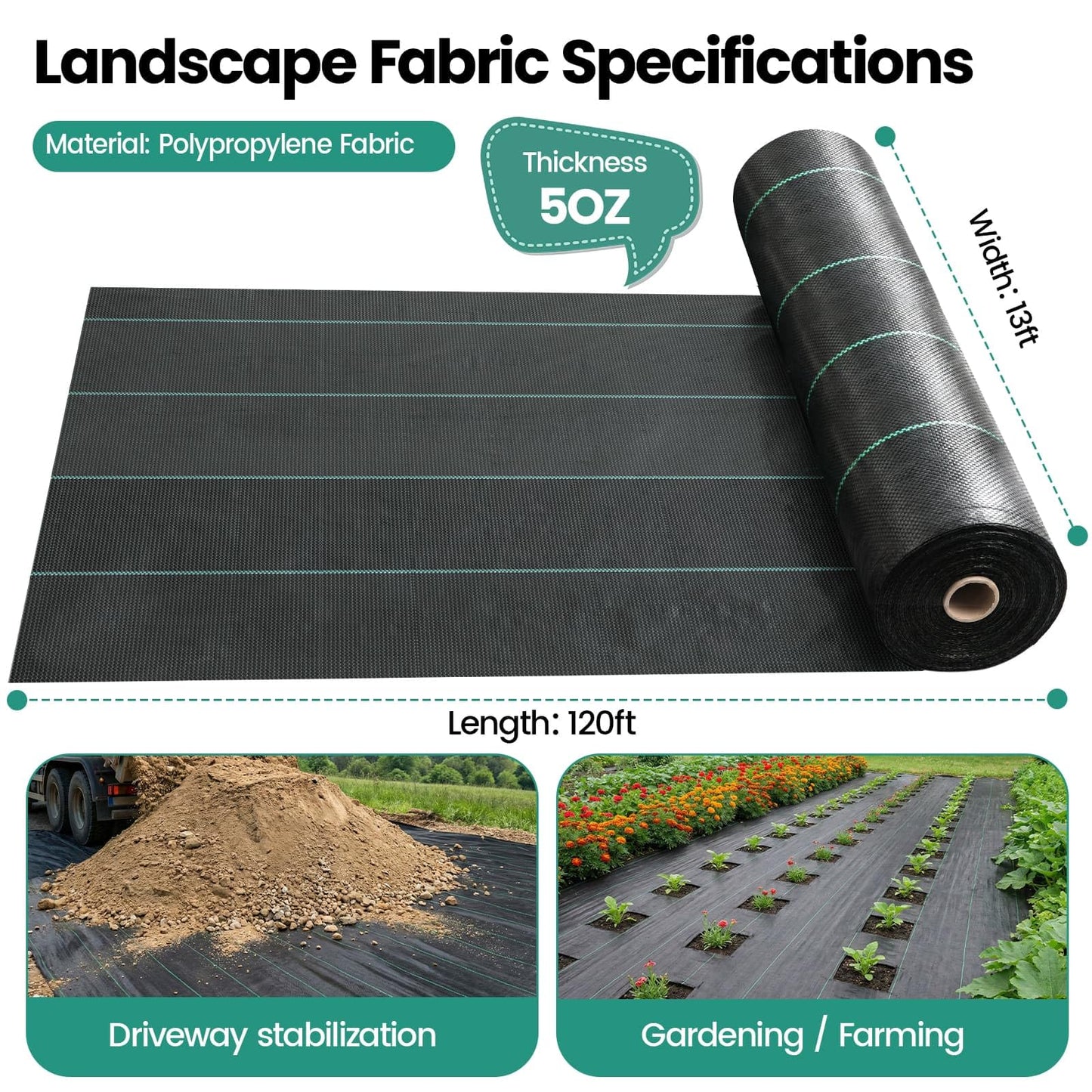 Driveway Fabric 13x120FT, 5OZ Commercial Weed Barrier Fabric Heavy Duty Landscape Fabric, Weed Blocker Fabric, Weed Fabric for Garden Weed Barrier, Erosion Control, Road Construction Project