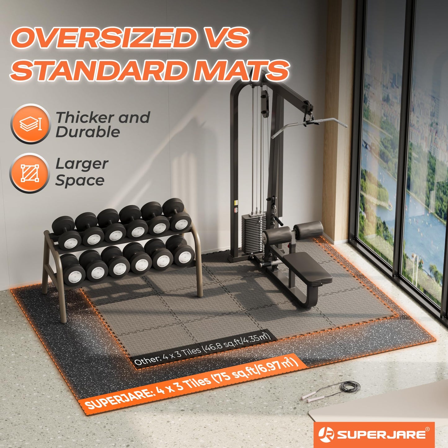 SUPERJARE 30" x 30" Larger Rubber Top Exercise Equipment Mats, 0.56" Thick,12 PCS 75 Sq Ft High-Density EVA Foam Interlocking Gym Flooring, Big Workout Mat for Home Gym, Floor Protection, Black/Grey